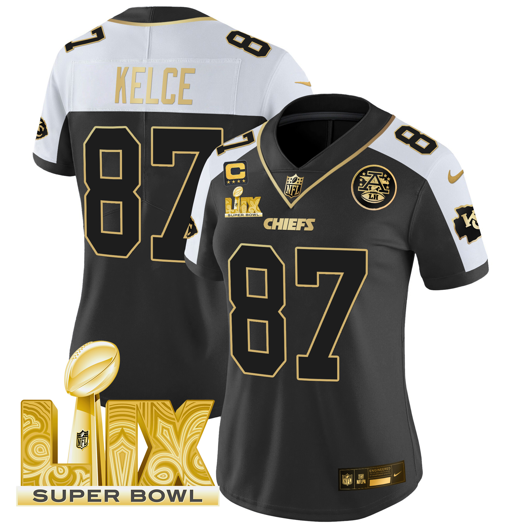 Travis Kelce Women's Kansas City Chiefs Super Bowl LIX Patch Gold Vapor Limited Alternate Jersey - All Stitched