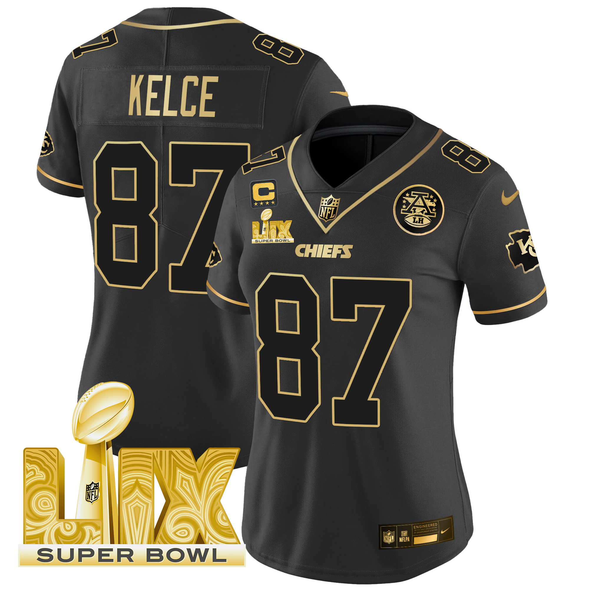 Travis Kelce Women's Kansas City Chiefs Super Bowl LIX Patch Gold Vapor Limited Black Gold Jersey - All Stitched