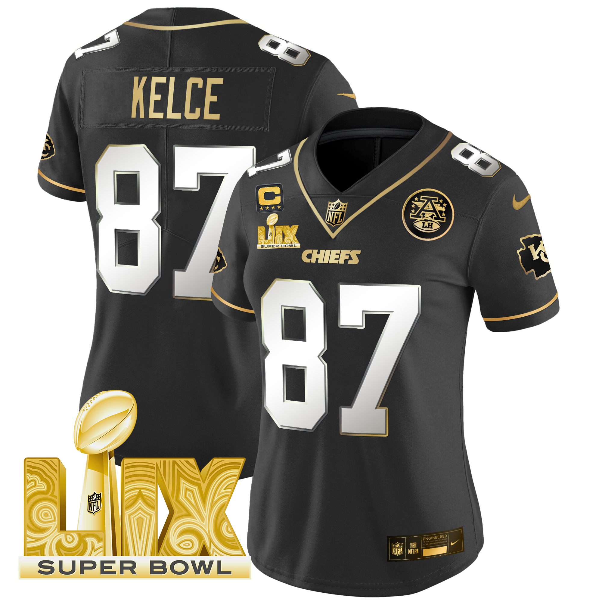 Travis Kelce Women's Kansas City Chiefs Super Bowl LIX Patch Gold Vapor Limited Black Limited Jersey - All Stitched