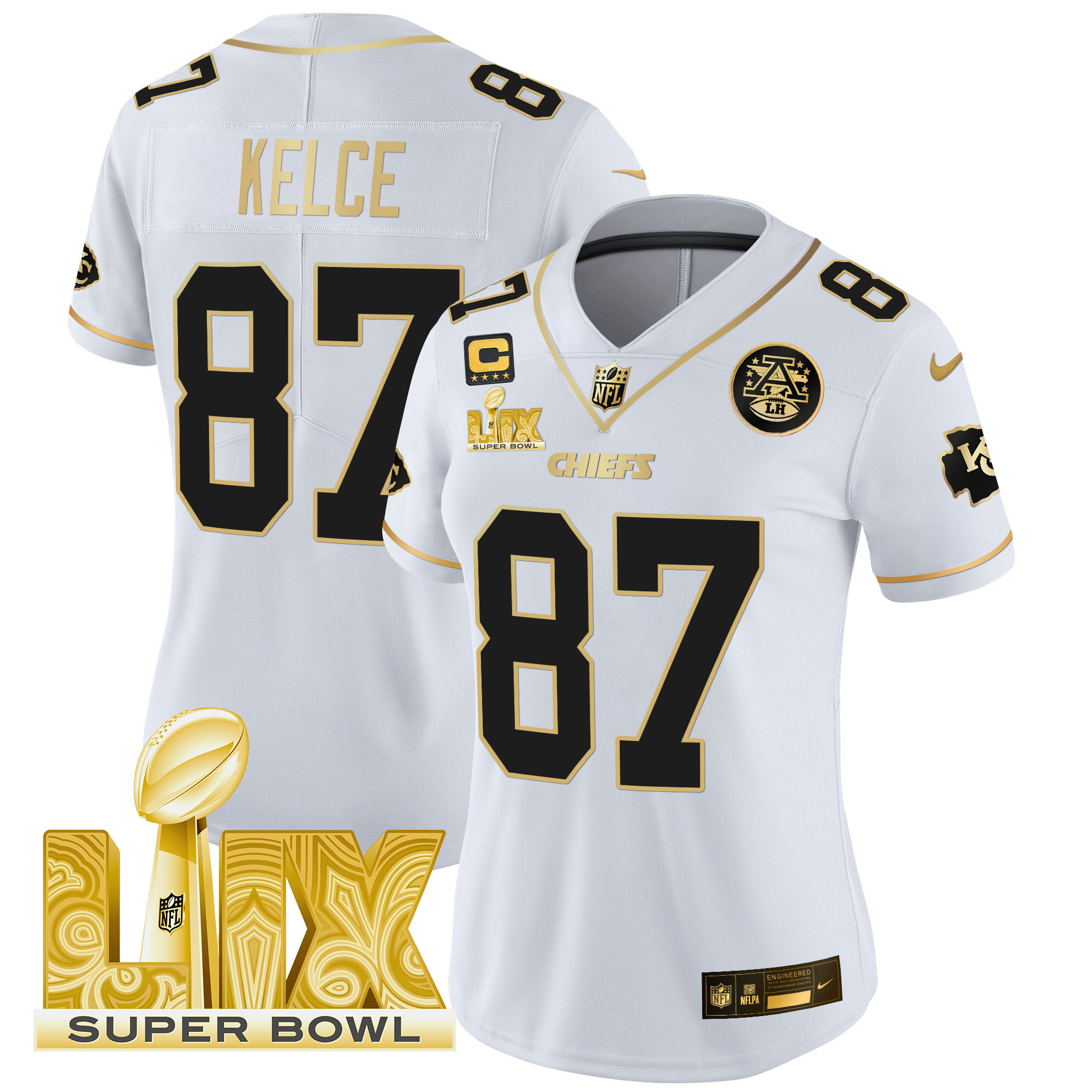 Travis Kelce Women's Kansas City Chiefs Super Bowl LIX Patch Gold Vapor Limited White Gold Jersey - All Stitched