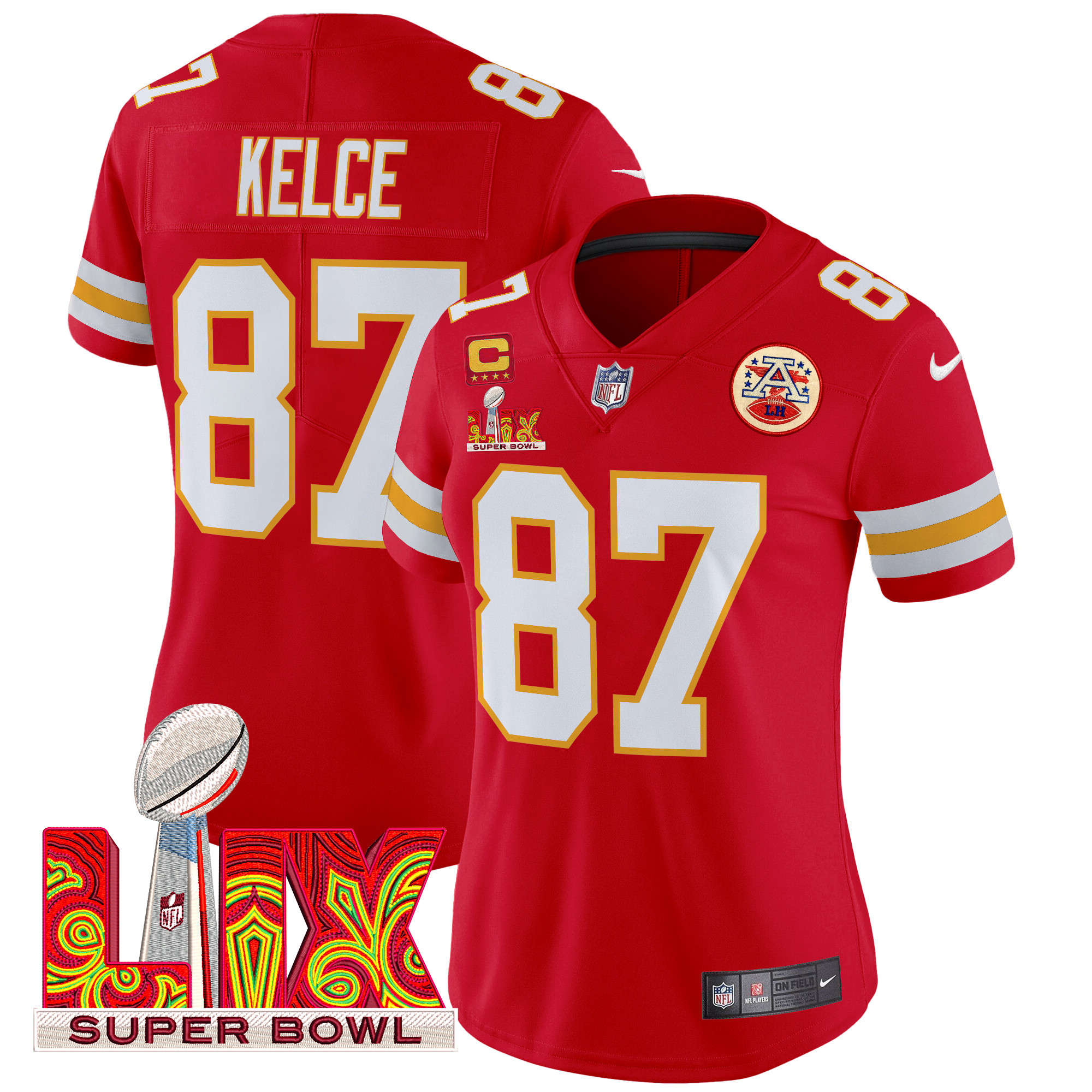 Travis Kelce Women's Kansas City Chiefs Super Bowl LIX Patch Vapor Limited Red Jersey - All Stitched