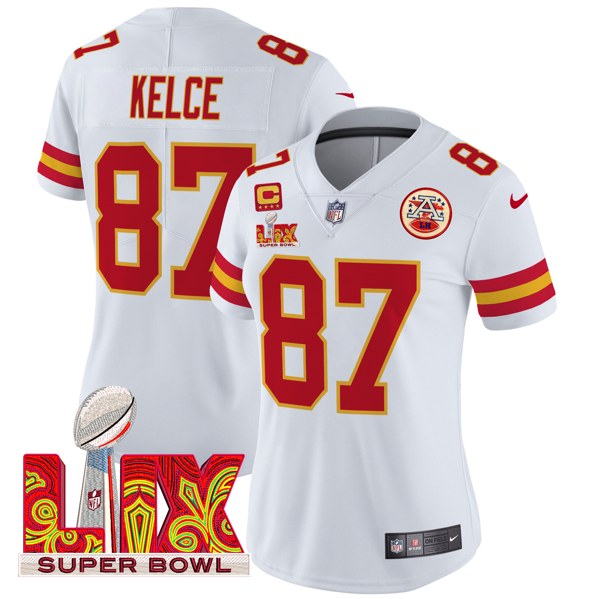 Travis Kelce Women's Kansas City Chiefs Super Bowl LIX Patch Vapor Limited White Jersey - All Stitched