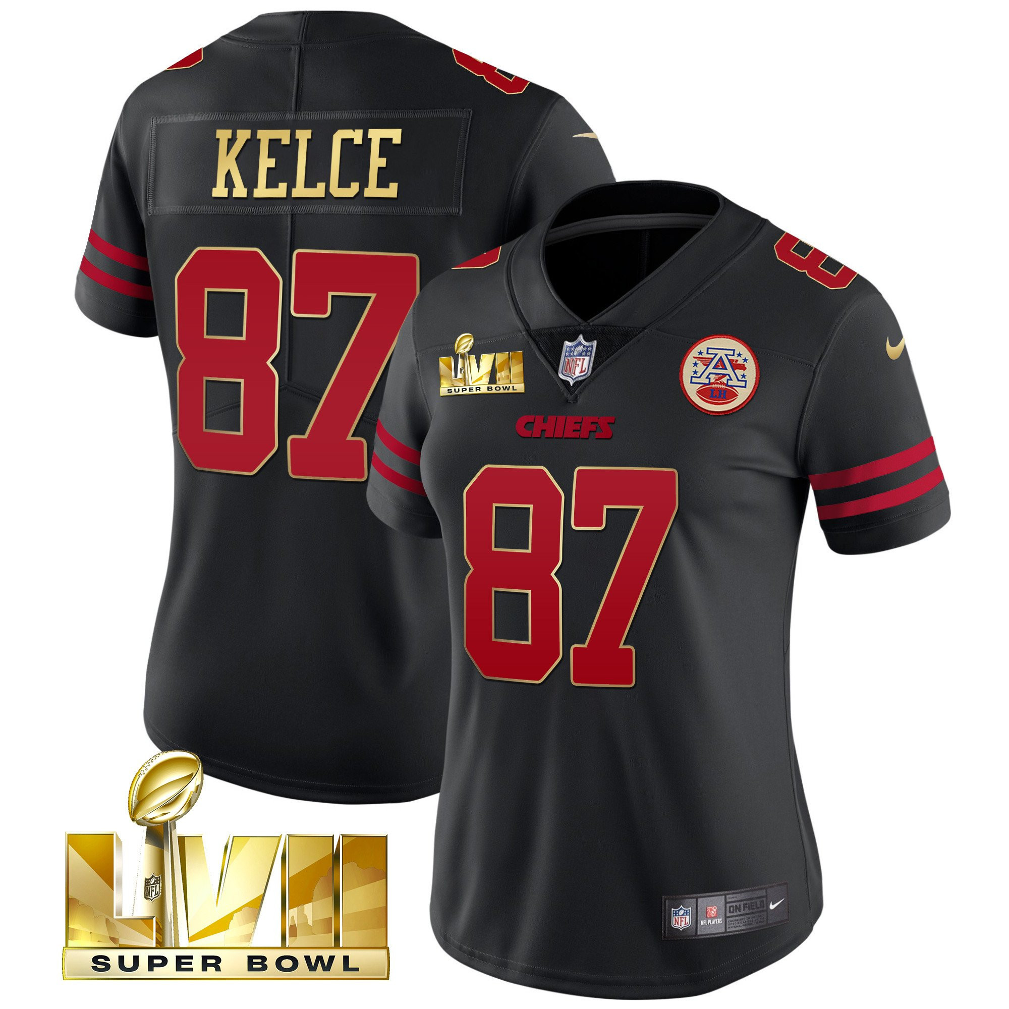 Travis Kelce Women's Kansas City Chiefs Super Bowl LVII Red Gold Vapor Black Gold Trim Jersey - All Stitched