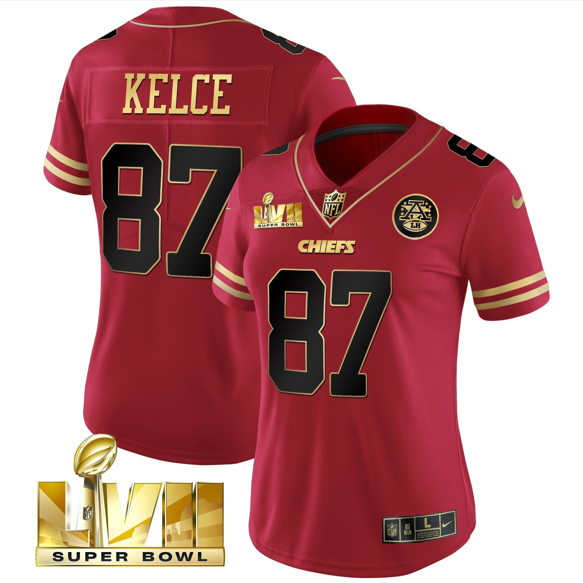 Travis Kelce Women's Kansas City Chiefs Super Bowl LVII Red Gold Vapor Black Red Jersey - All Stitched