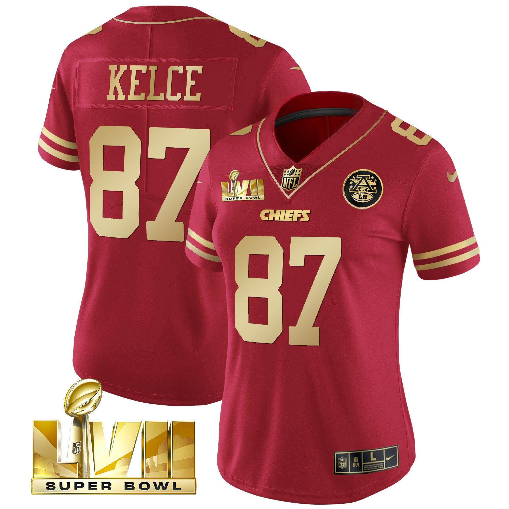 Travis Kelce Women's Kansas City Chiefs Super Bowl LVII Red Gold Vapor Red Gold Jersey - All Stitched