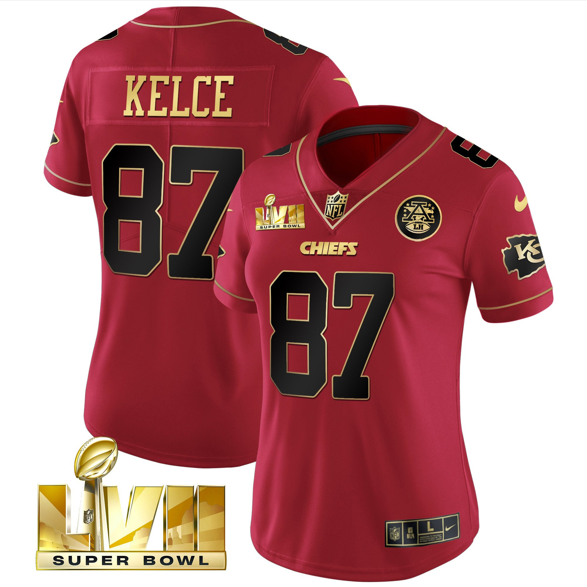 Travis Kelce Women's Kansas City Chiefs Super Bowl LVII Red Gold Vapor Red Special Jersey - All Stitched