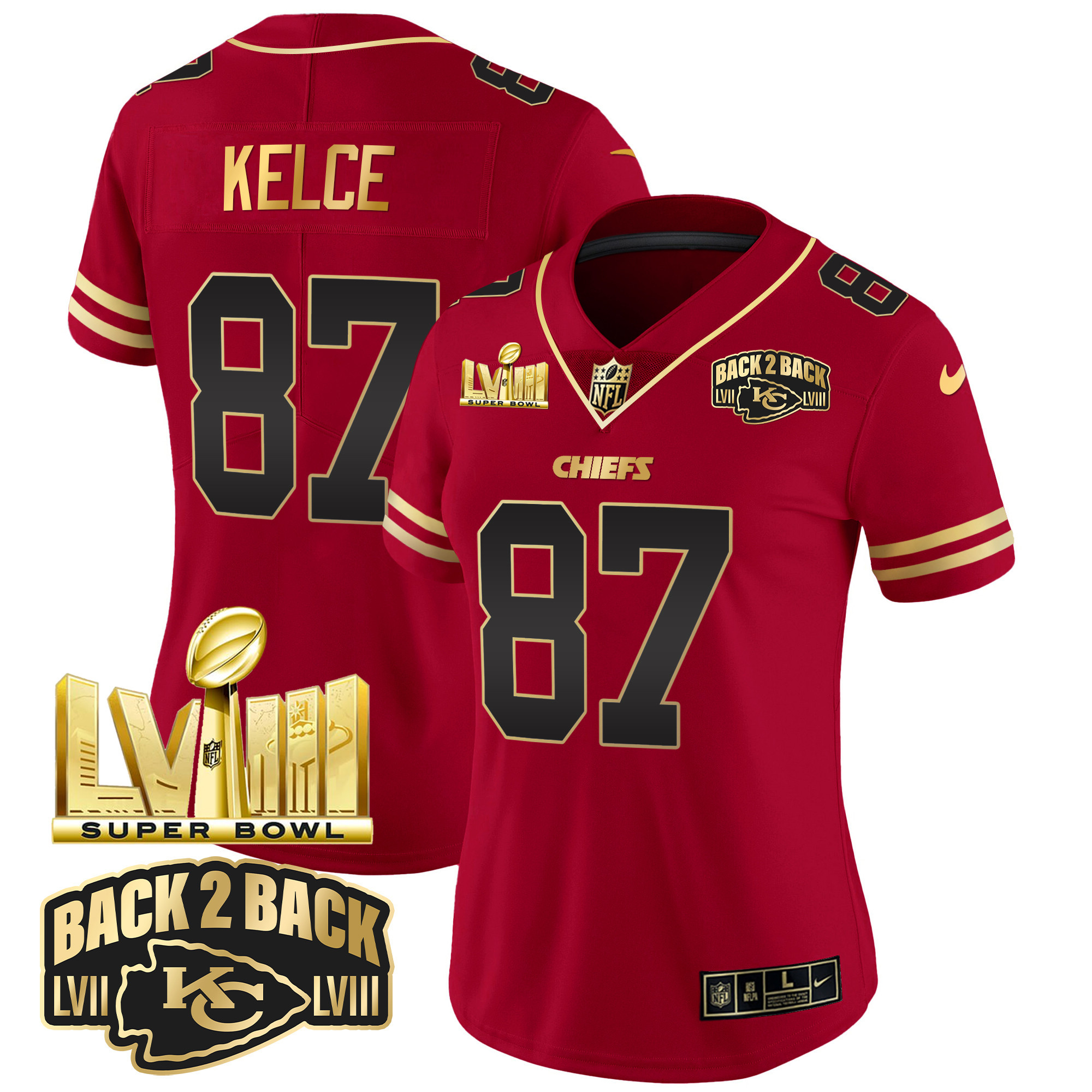 Travis Kelce Women's Kansas City Chiefs Super Bowl LVIII & Back 2 Back Gold Patch Vapor Black Red Jersey - All Stitched