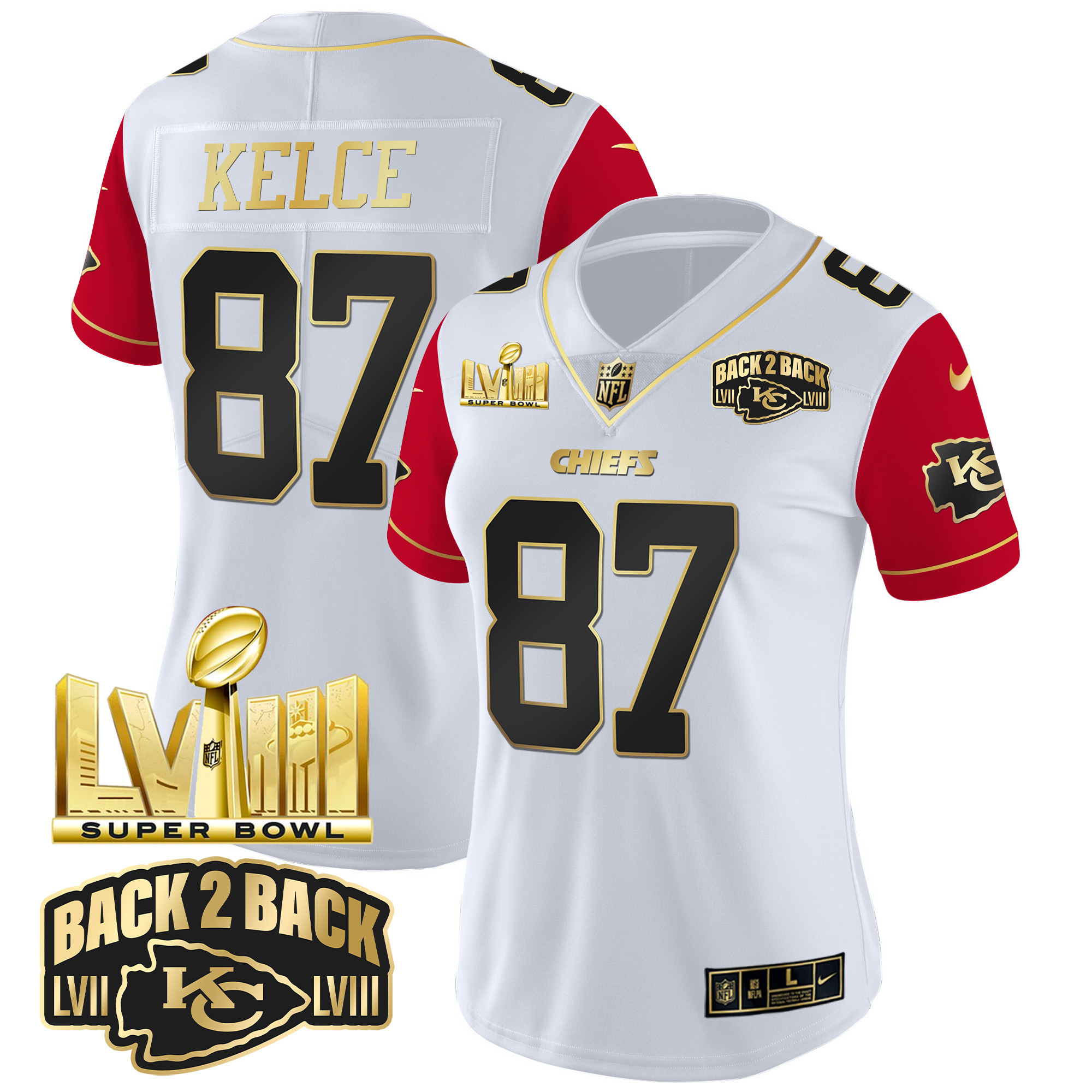 Travis Kelce Women's Kansas City Chiefs Super Bowl LVIII & Back 2 Back Gold Patch Vapor Color Sleeves Jersey - All Stitched