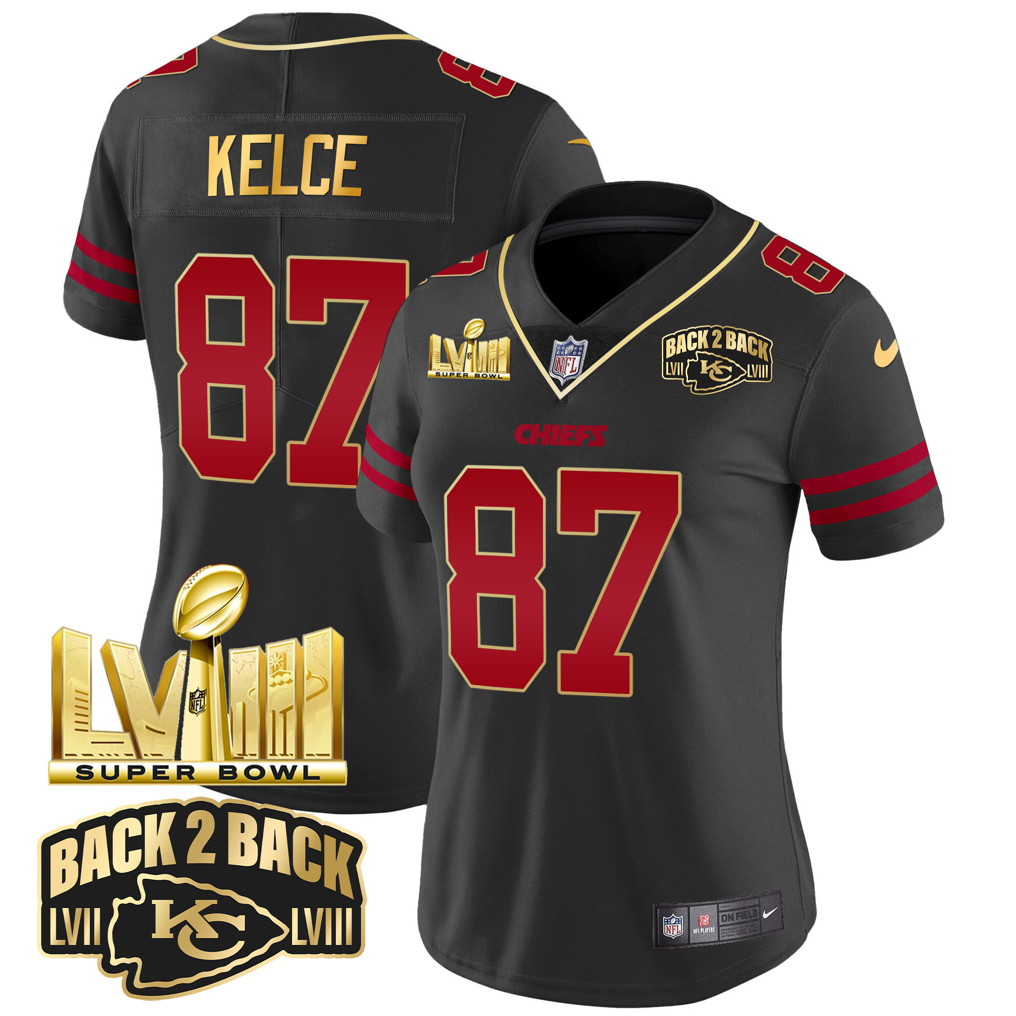 Travis Kelce Women's Kansas City Chiefs Super Bowl LVIII & Back 2 Back Gold Patch Vapor Gold Trim Jersey - All Stitched