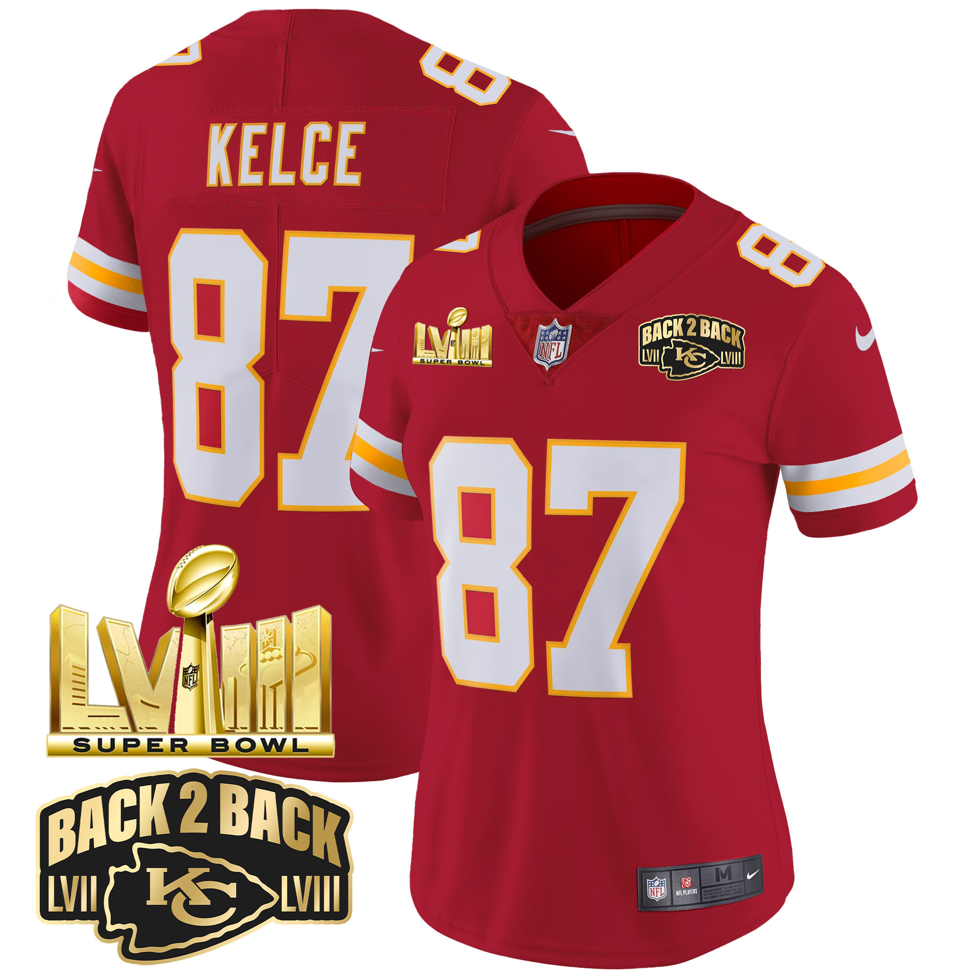 Travis Kelce Women's Kansas City Chiefs Super Bowl LVIII & Back 2 Back Gold Patch Vapor Red Jersey - All Stitched