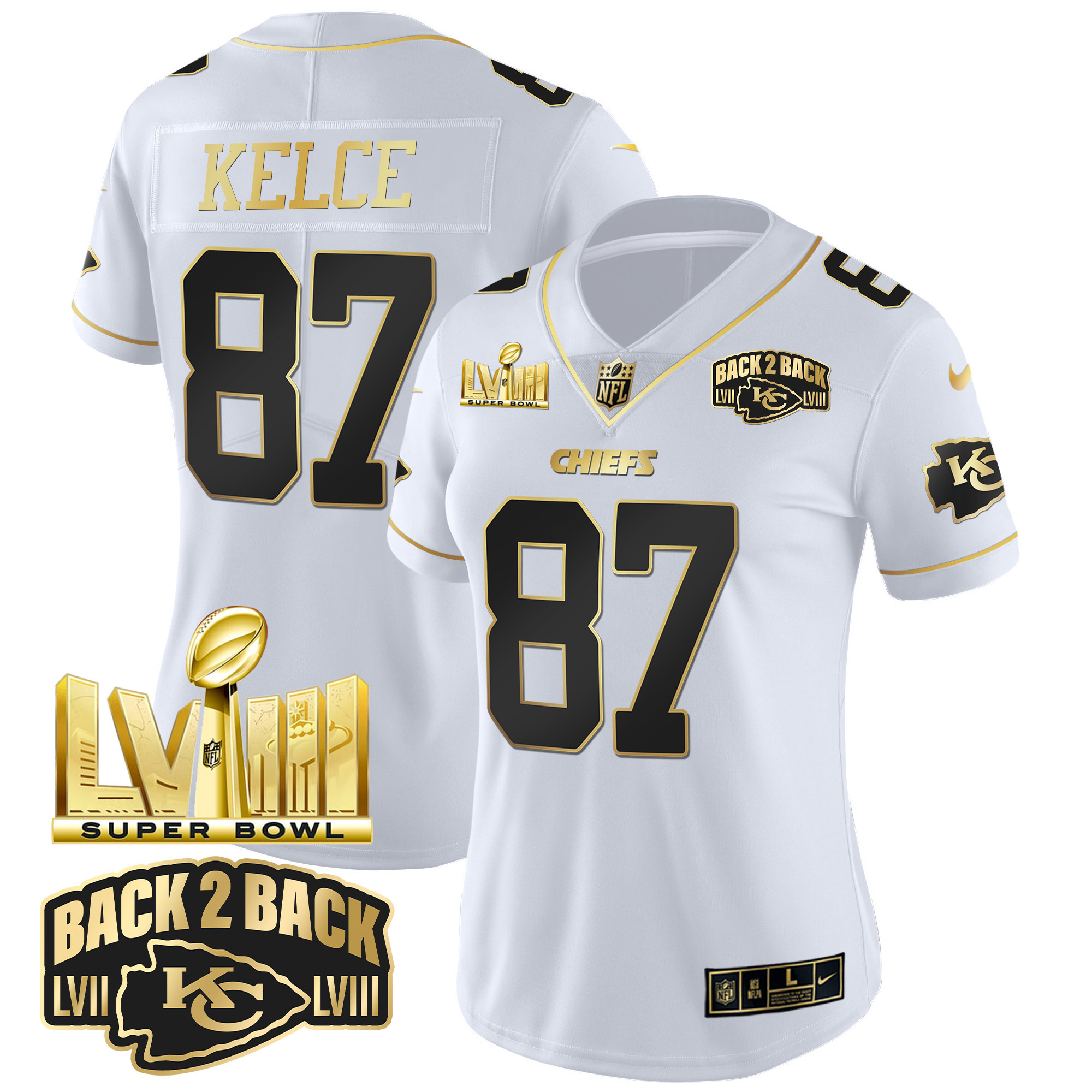 Travis Kelce Women's Kansas City Chiefs Super Bowl LVIII & Back 2 Back Gold Patch Vapor White Gold Jersey - All Stitched