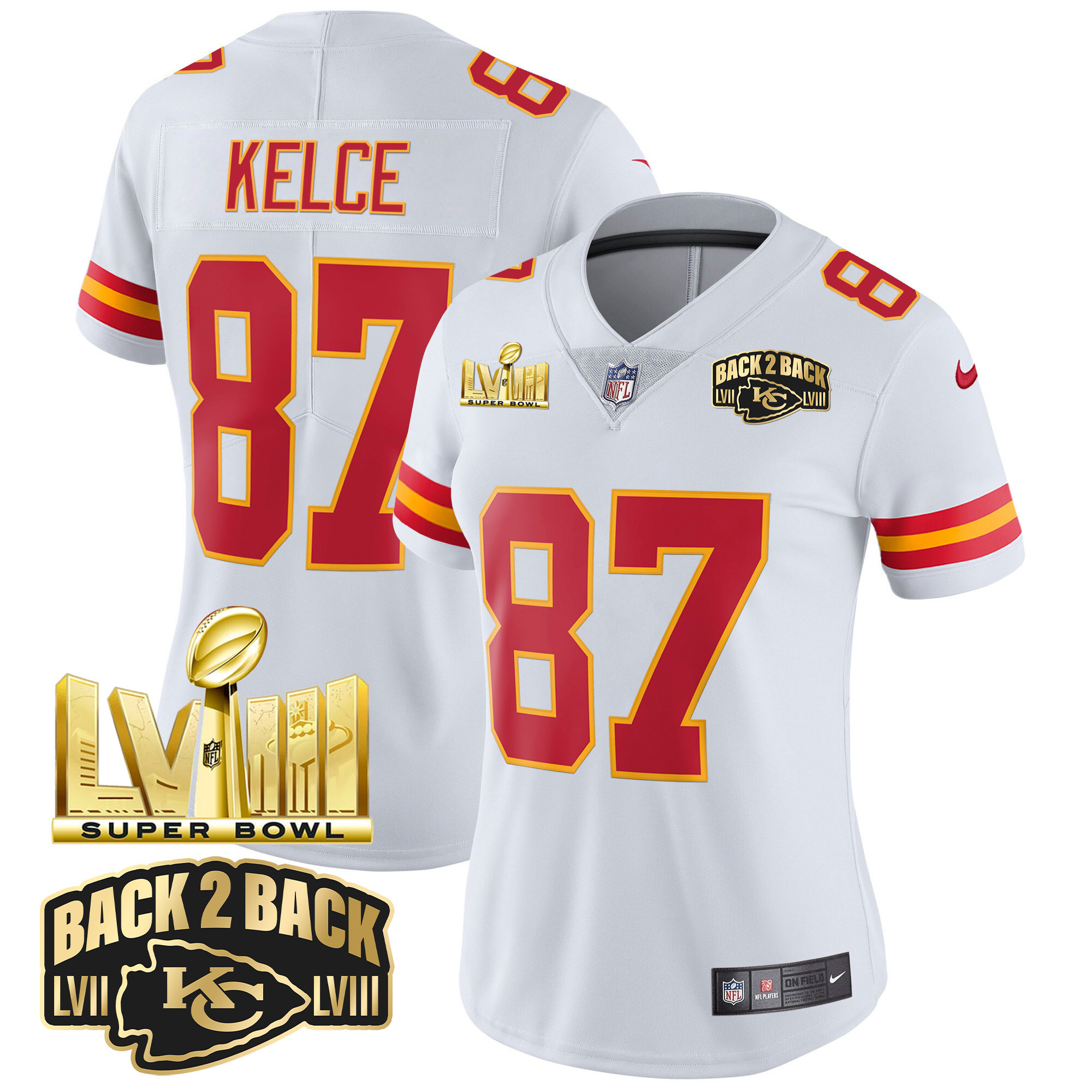 Travis Kelce Women's Kansas City Chiefs Super Bowl LVIII & Back 2 Back Gold Patch Vapor White Jersey - All Stitched