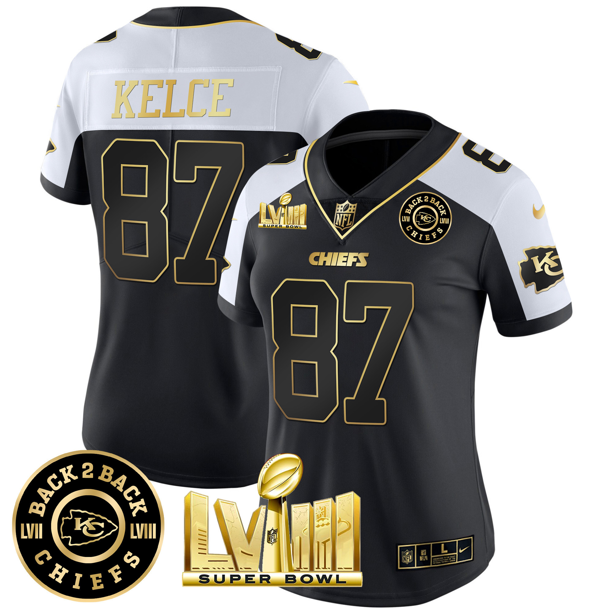 Travis Kelce Women's Kansas City Chiefs Super Bowl LVIII & Back 2 Back Patch Vapor Alternate Jersey - All Stitched