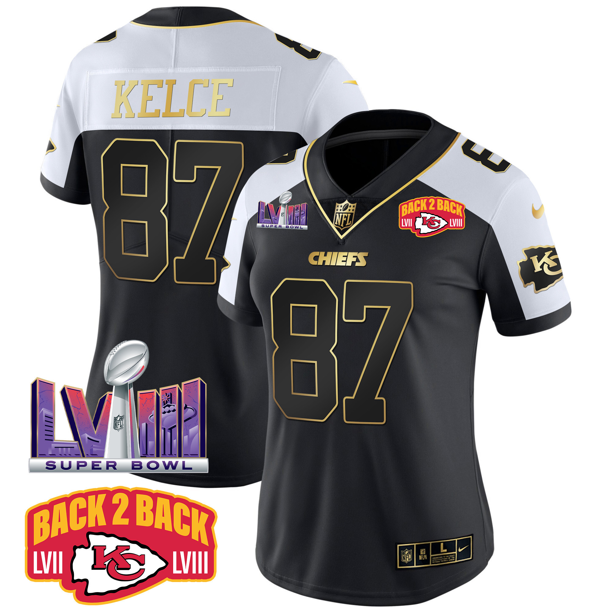 Travis Kelce Women's Kansas City Chiefs Super Bowl LVIII & Back 2 Back Patch Vapor Alternate Jersey - All Stitched