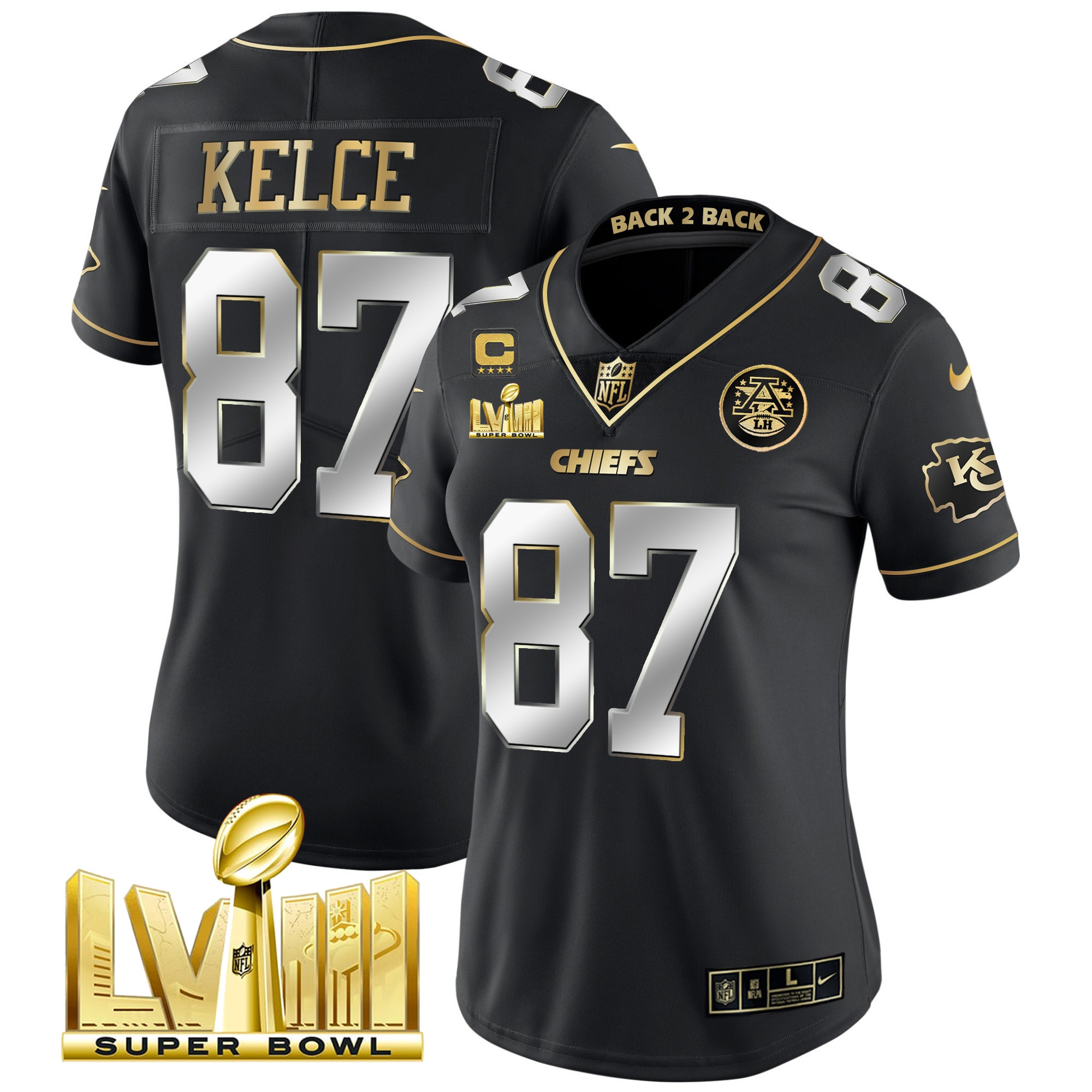 Travis Kelce Women's Kansas City Chiefs Super Bowl LVIII & Back 2 Back Patch Vapor Black Limited Jersey - All Stitched
