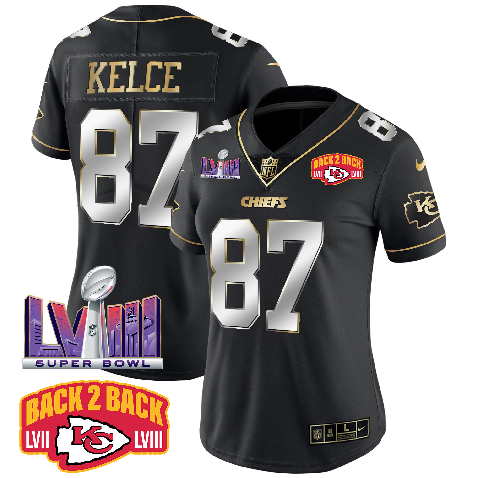 Travis Kelce Women's Kansas City Chiefs Super Bowl LVIII & Back 2 Back Patch Vapor Black Limited Jersey - All Stitched
