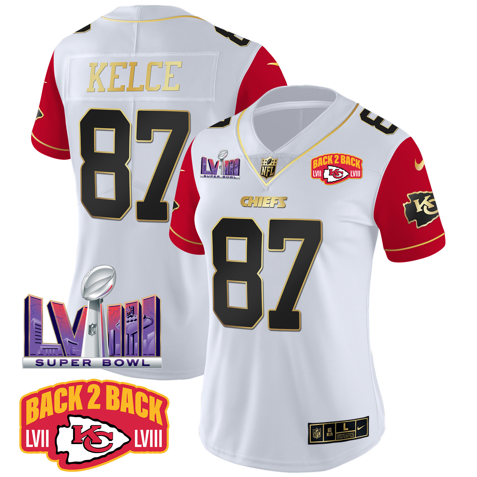 Travis Kelce Women's Kansas City Chiefs Super Bowl LVIII & Back 2 Back Patch Vapor Color Sleeves Jersey - All Stitched