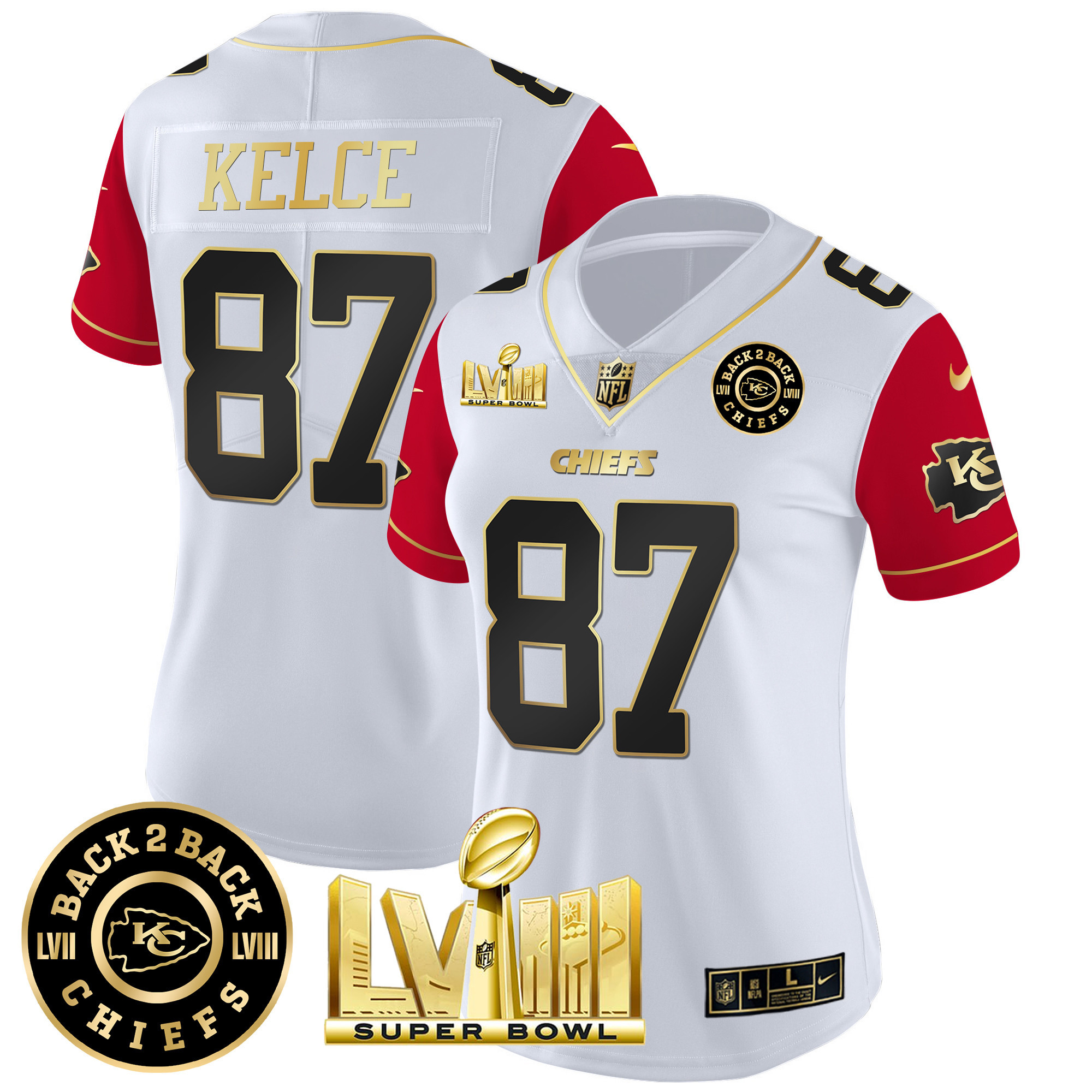 Travis Kelce Women's Kansas City Chiefs Super Bowl LVIII & Back 2 Back Patch Vapor Color Sleeves Jersey - All Stitched