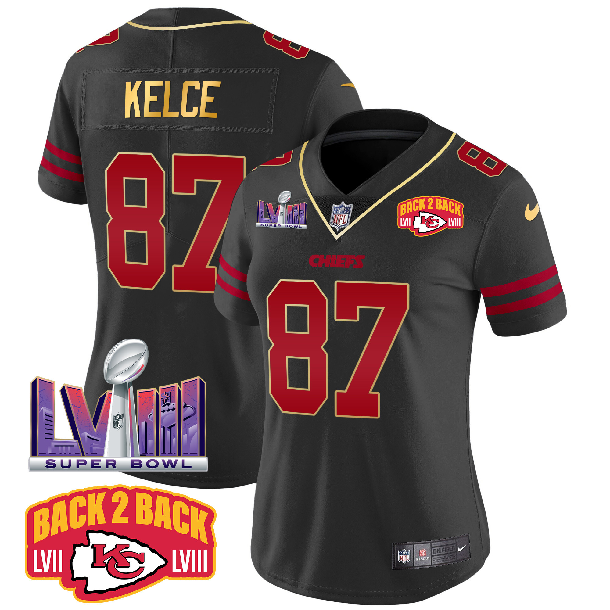 Travis Kelce Women's Kansas City Chiefs Super Bowl LVIII & Back 2 Back Patch Vapor Gold Trim Jersey - All Stitched