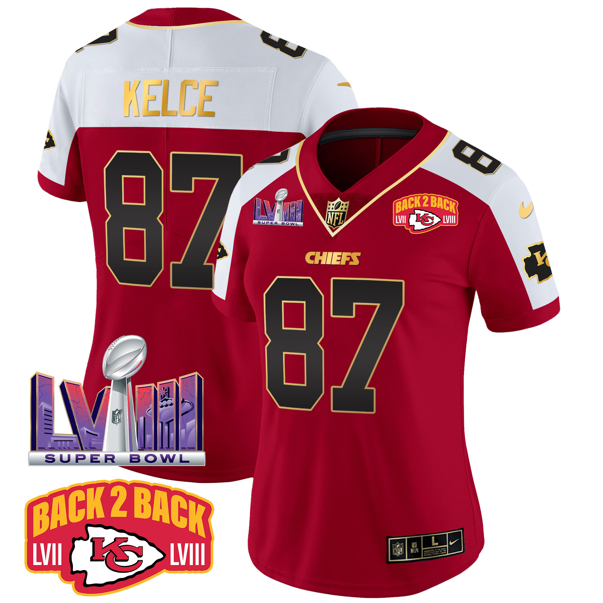 Travis Kelce Women's Kansas City Chiefs Super Bowl LVIII & Back 2 Back Patch Vapor Red Alternate Jersey - All Stitched