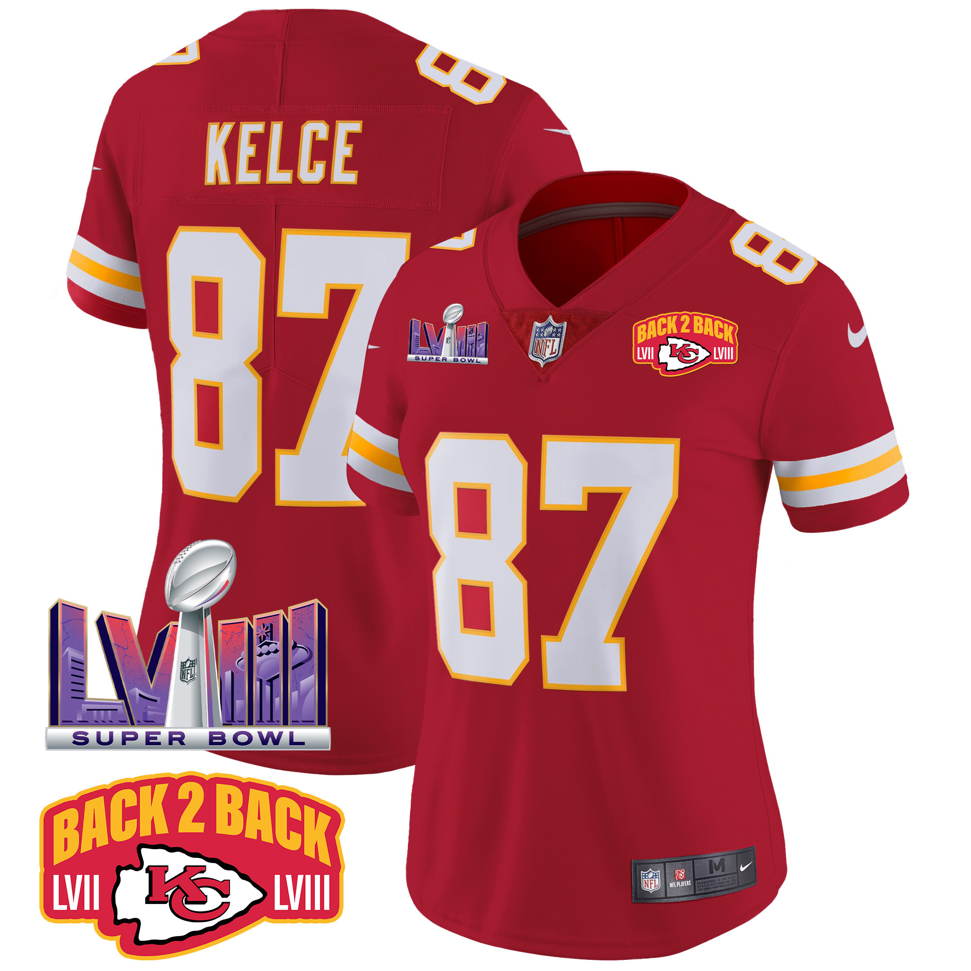 Travis Kelce Women's Kansas City Chiefs Super Bowl LVIII & Back 2 Back Patch Vapor Red Jersey - All Stitched