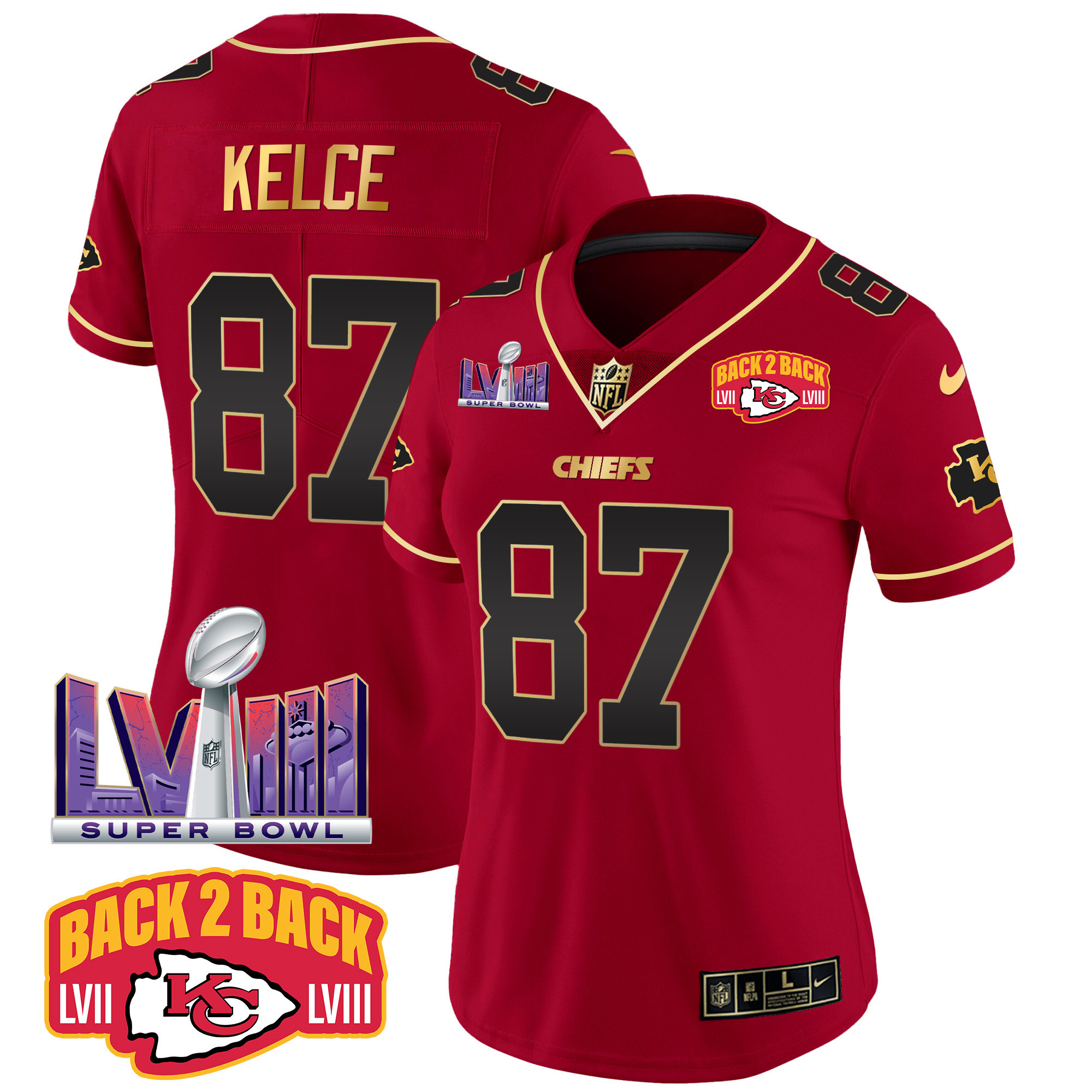 Travis Kelce Women's Kansas City Chiefs Super Bowl LVIII & Back 2 Back Patch Vapor Red Special Jersey - All Stitched