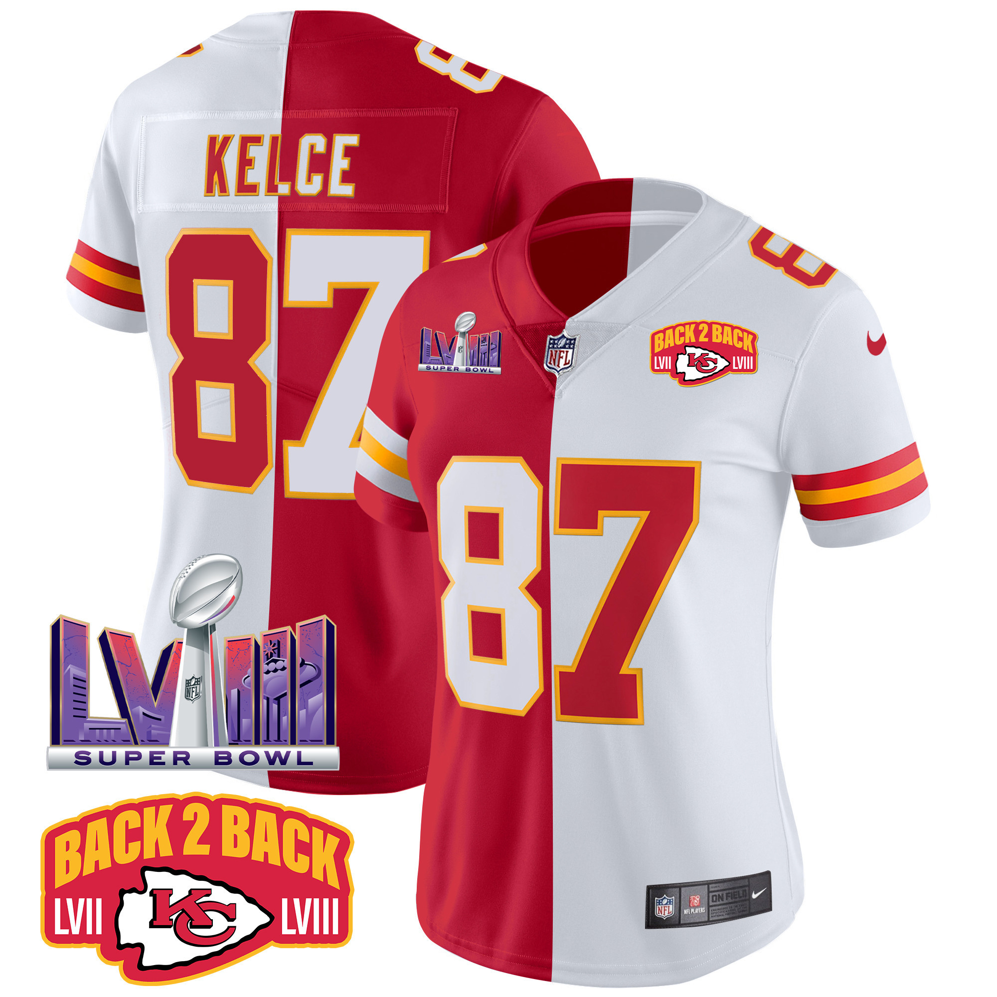 Travis Kelce Women's Kansas City Chiefs Super Bowl LVIII & Back 2 Back Patch Vapor Split Jersey - All Stitched