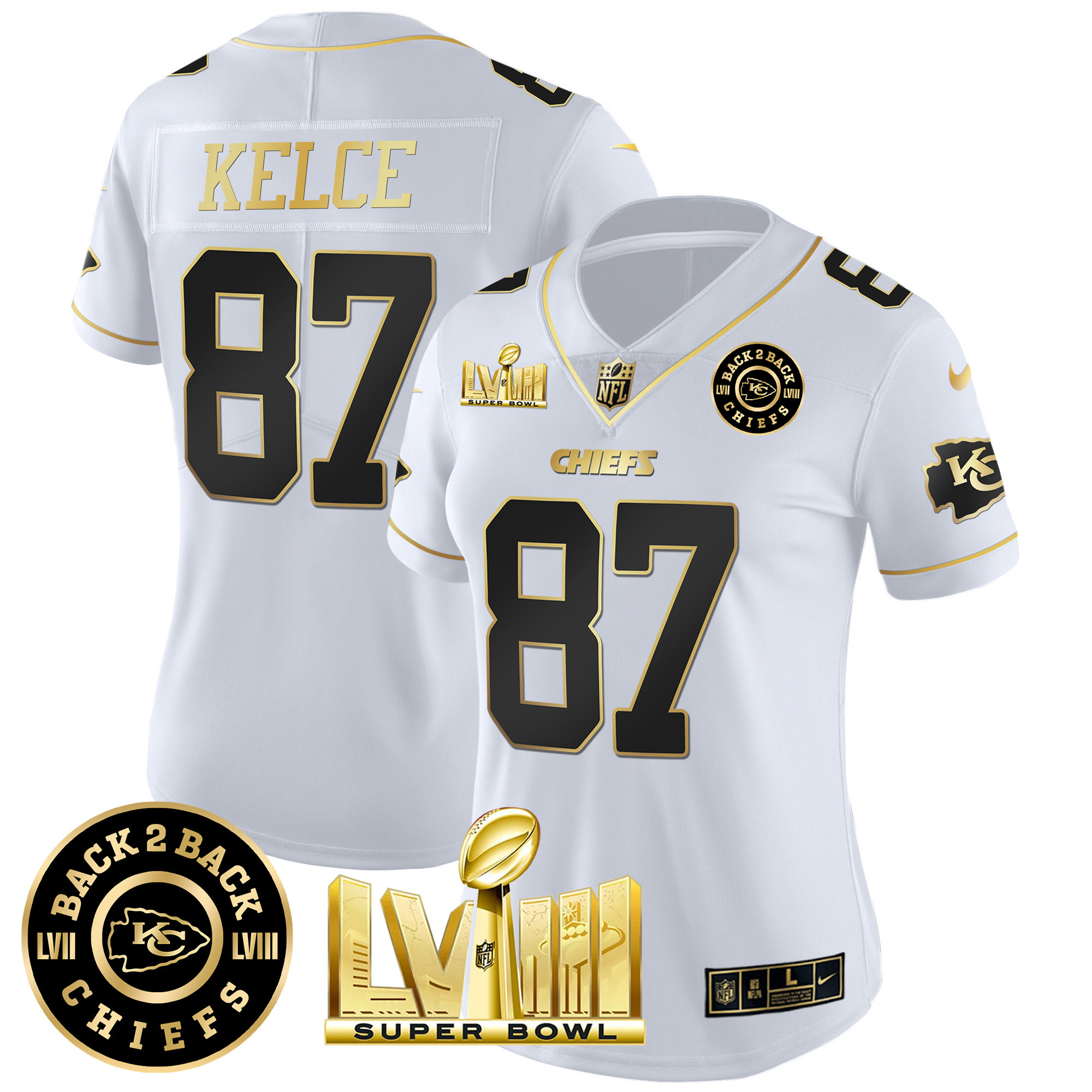 Travis Kelce Women's Kansas City Chiefs Super Bowl LVIII & Back 2 Back Patch Vapor White Gold Jersey - All Stitched