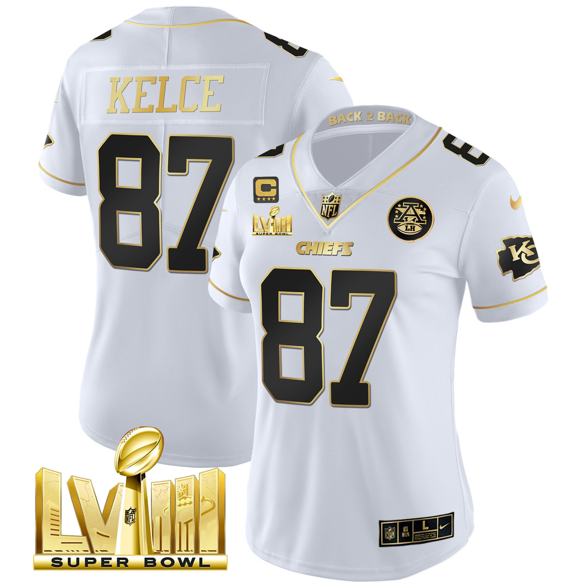 Travis Kelce Women's Kansas City Chiefs Super Bowl LVIII & Back 2 Back Patch Vapor White Gold Jersey - All Stitched