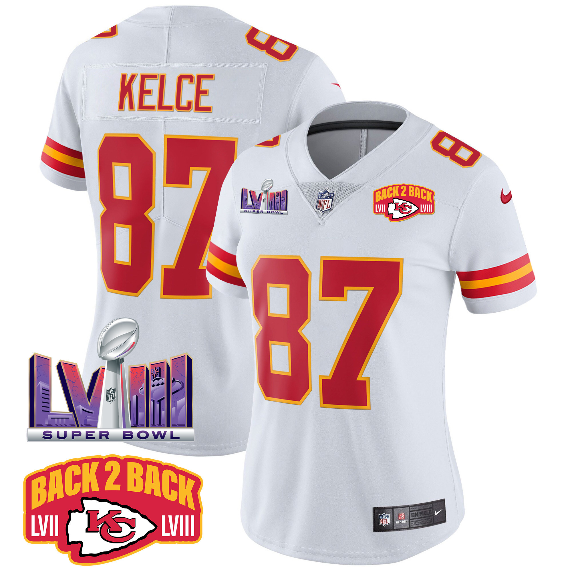 Travis Kelce Women's Kansas City Chiefs Super Bowl LVIII & Back 2 Back Patch Vapor White Jersey - All Stitched