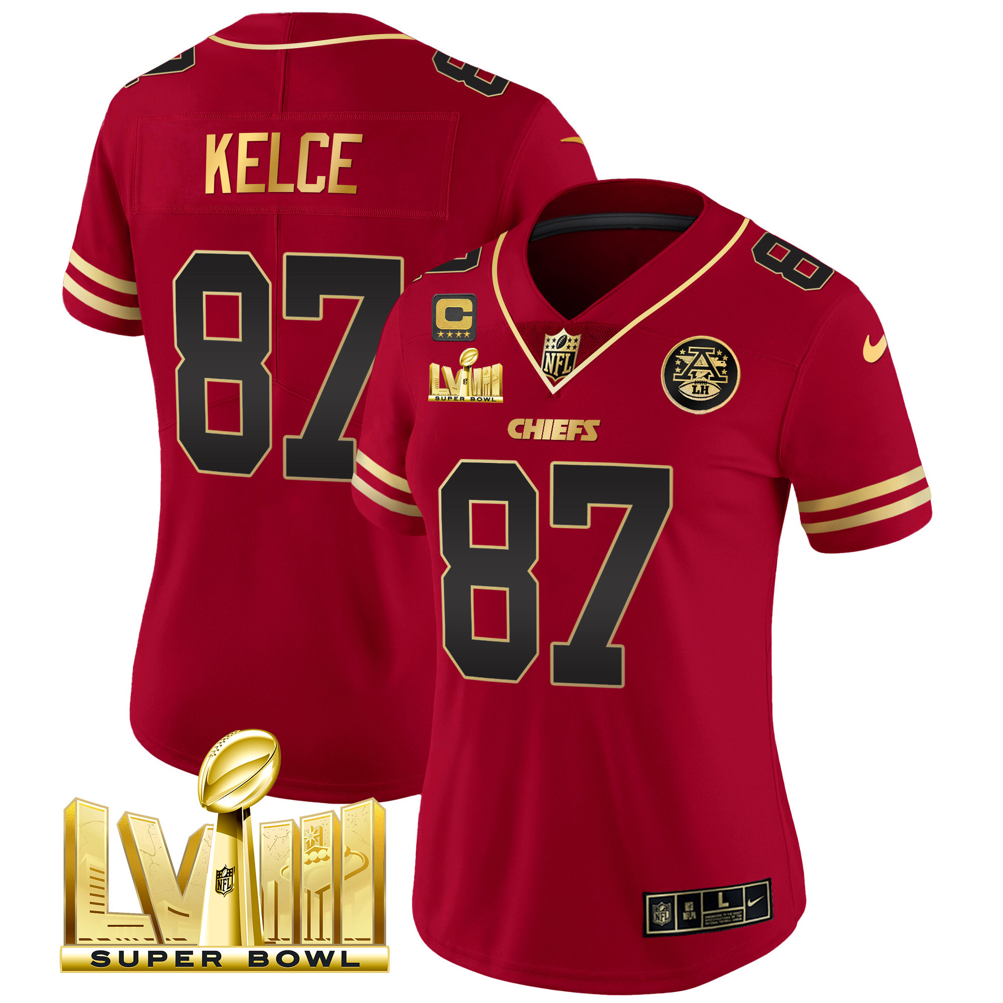 Travis Kelce Women's Kansas City Chiefs Super Bowl LVIII Gold Patch Vapor Black Red Jersey - All Stitched