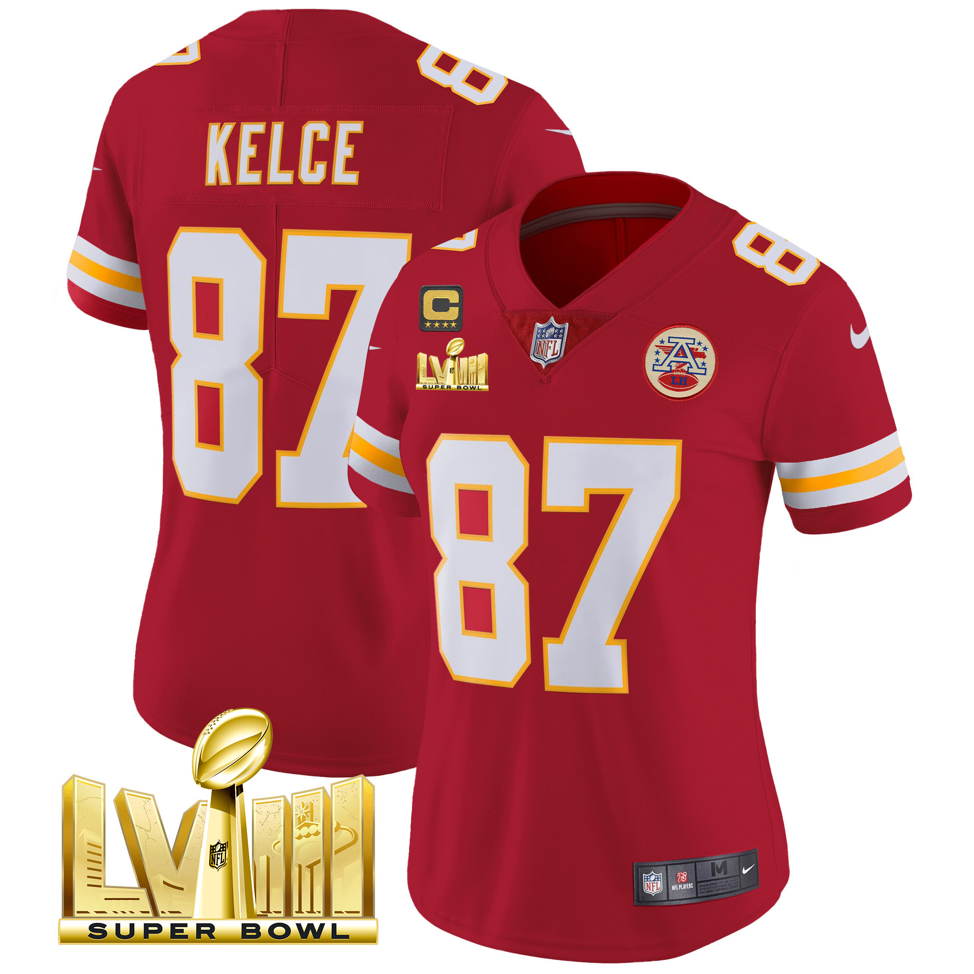 Travis Kelce Women's Kansas City Chiefs Super Bowl LVIII Gold Patch Vapor Red Jersey - All Stitched