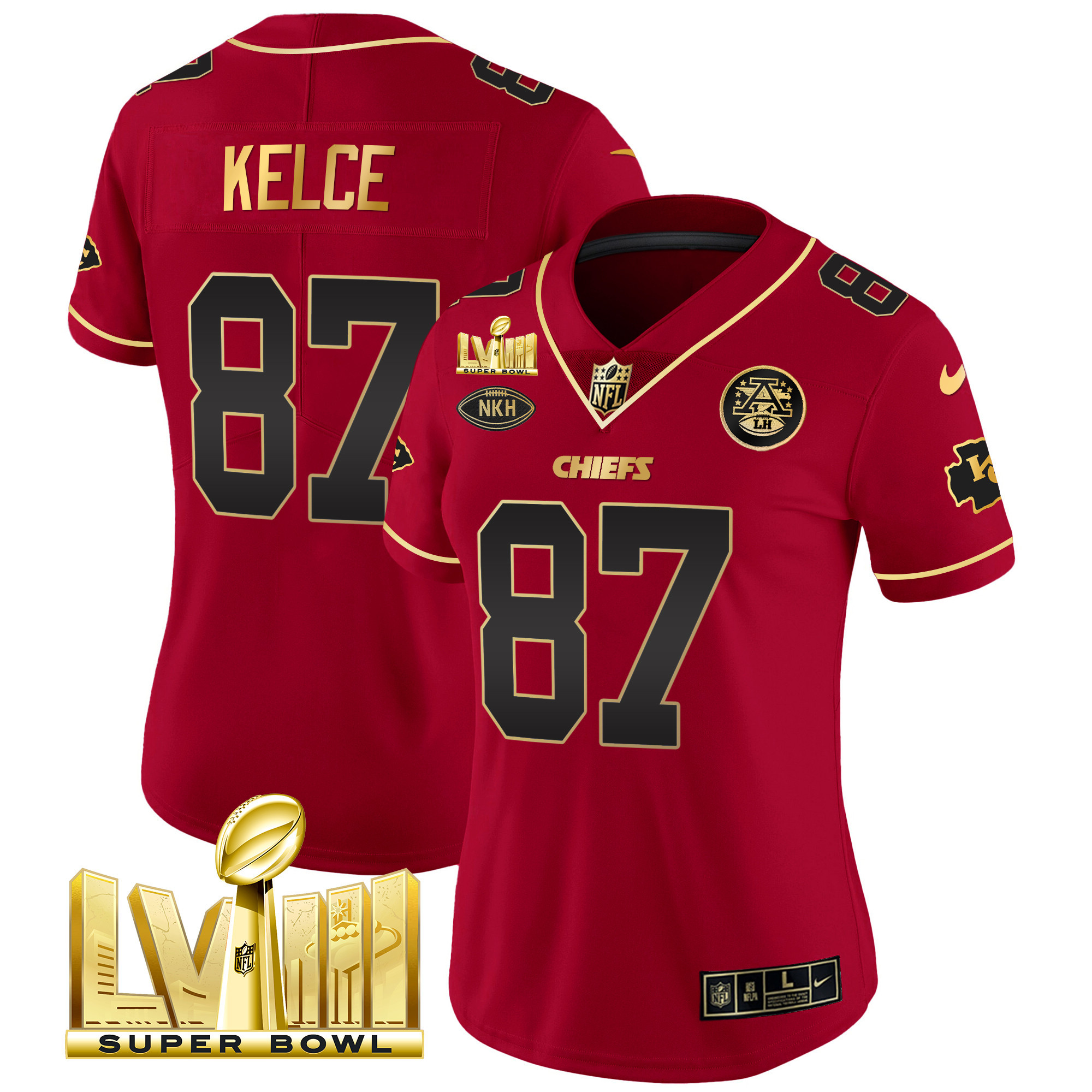 Travis Kelce Women's Kansas City Chiefs Super Bowl LVIII Gold Patch Vapor Red Special Jersey - All Stitched