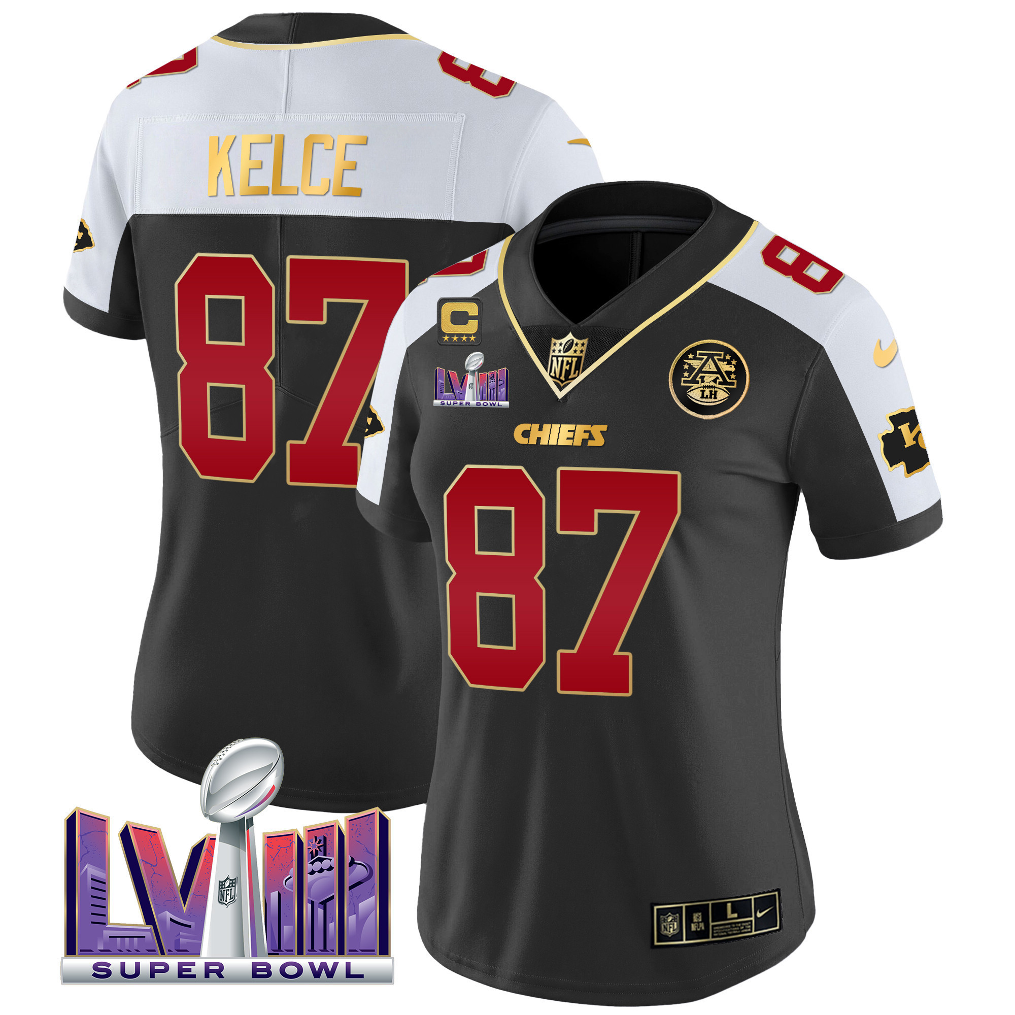 Travis Kelce Women's Kansas City Chiefs Super Bowl LVIII Patch Vapor Black Alternate Jersey - All Stitched