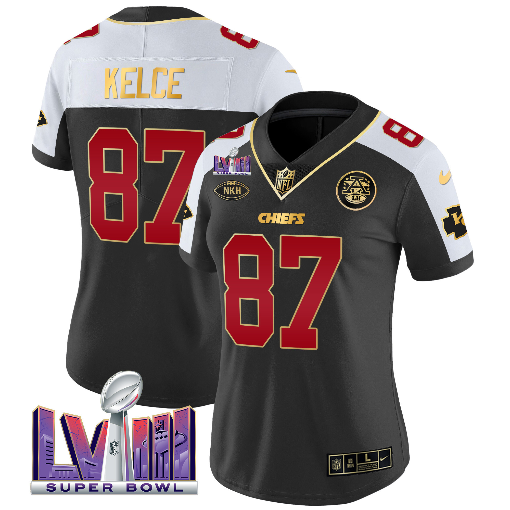 Travis Kelce Women's Kansas City Chiefs Super Bowl LVIII Patch Vapor Black Alternate Jersey - All Stitched