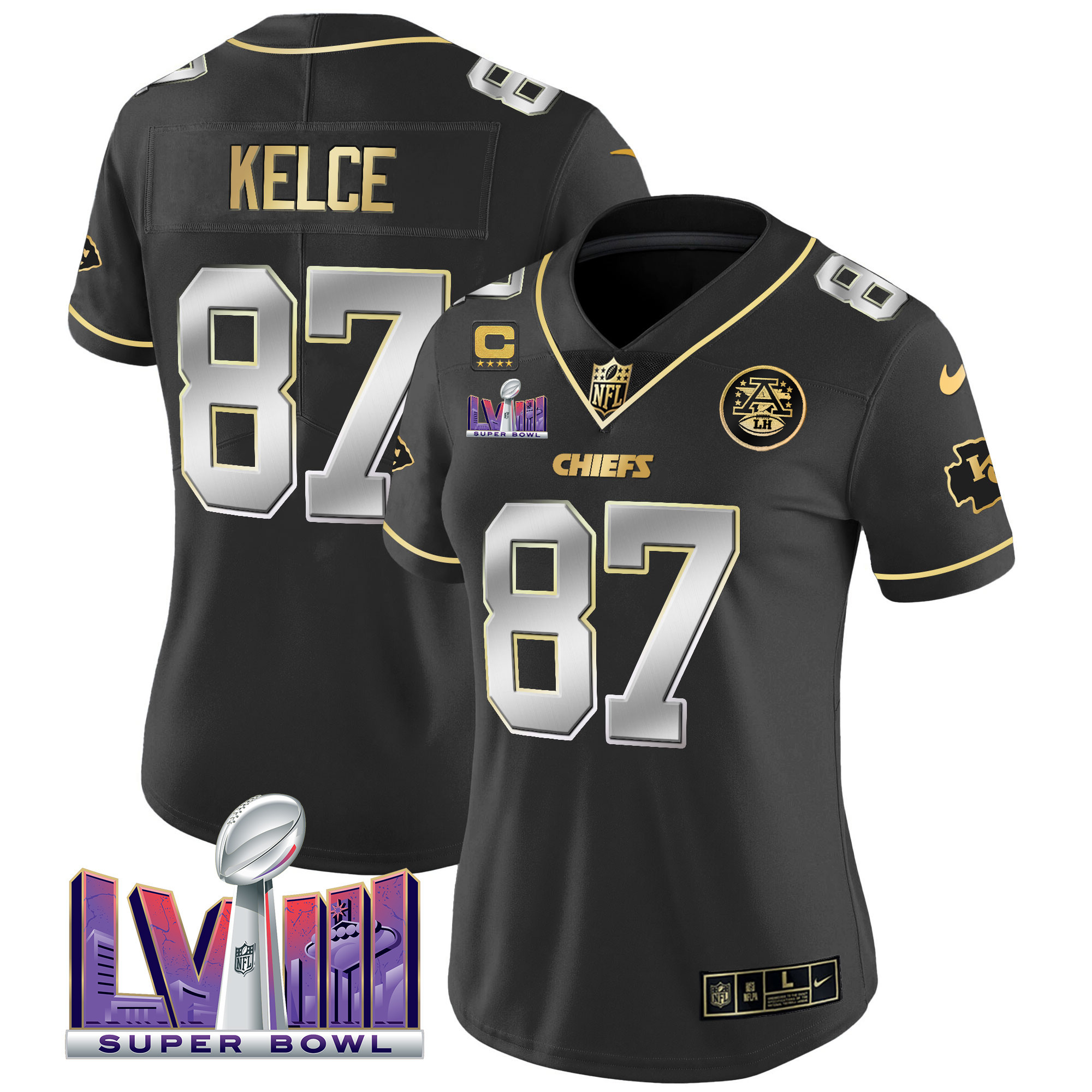 Travis Kelce Women's Kansas City Chiefs Super Bowl LVIII Patch Vapor Black Limited Jersey - All Stitched