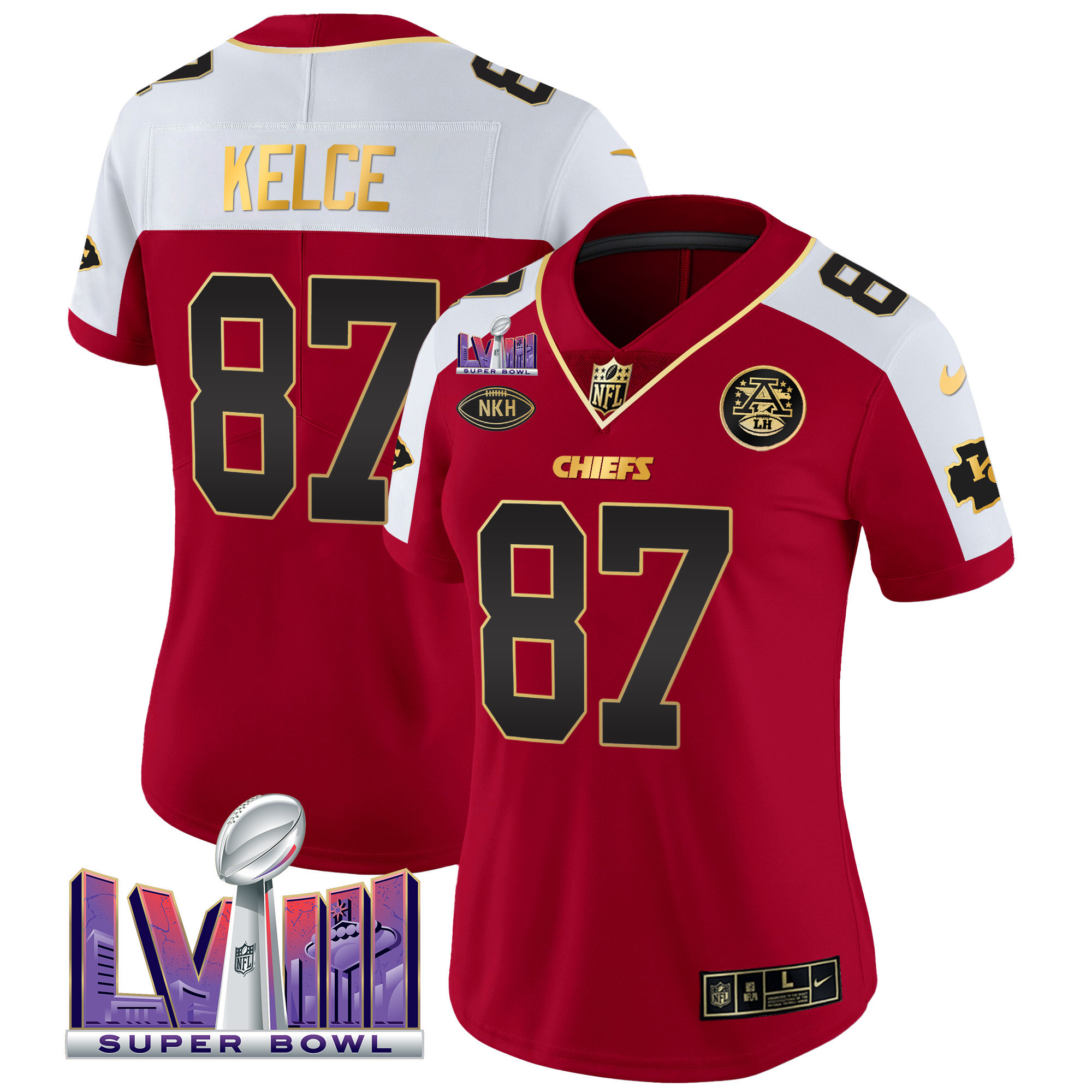 Travis Kelce Women's Kansas City Chiefs Super Bowl LVIII Patch Vapor Red Alternate Jersey - All Stitched
