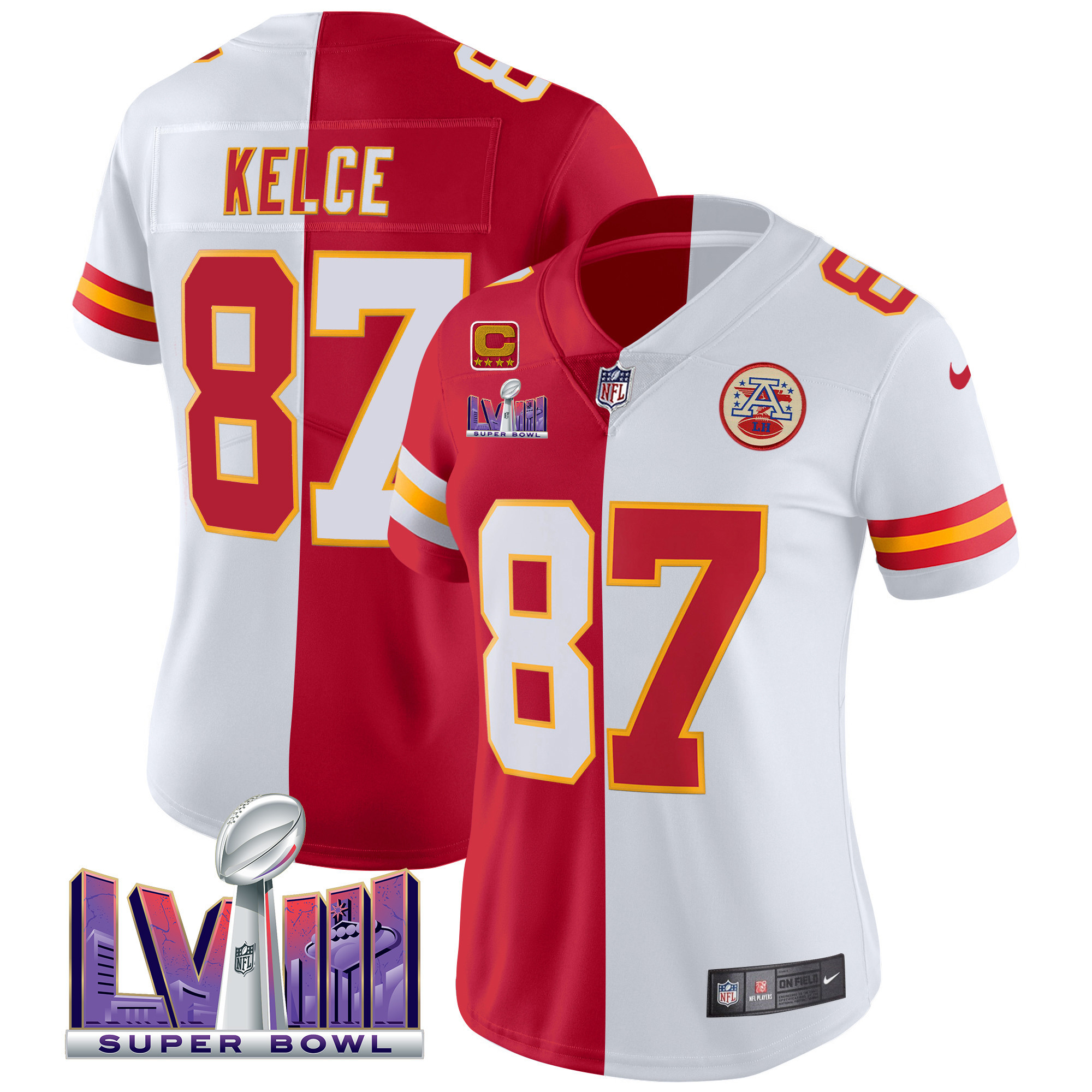 Travis Kelce Women's Kansas City Chiefs Super Bowl LVIII Patch Vapor Split Jersey - All Stitched