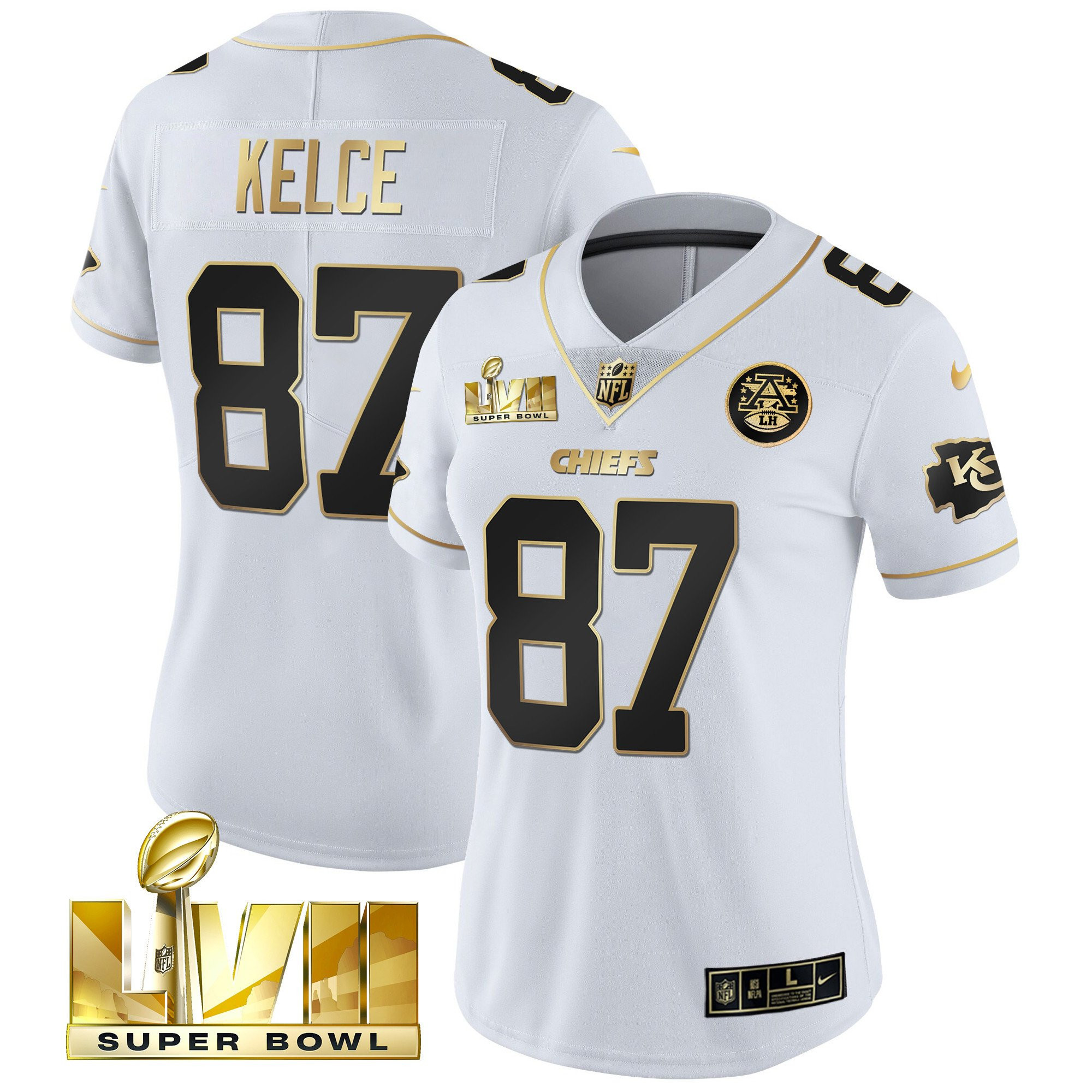 Travis Kelce Women's Kansas City Chiefs Super Bowl Vapor Gold White Gold Jersey - All Stitched