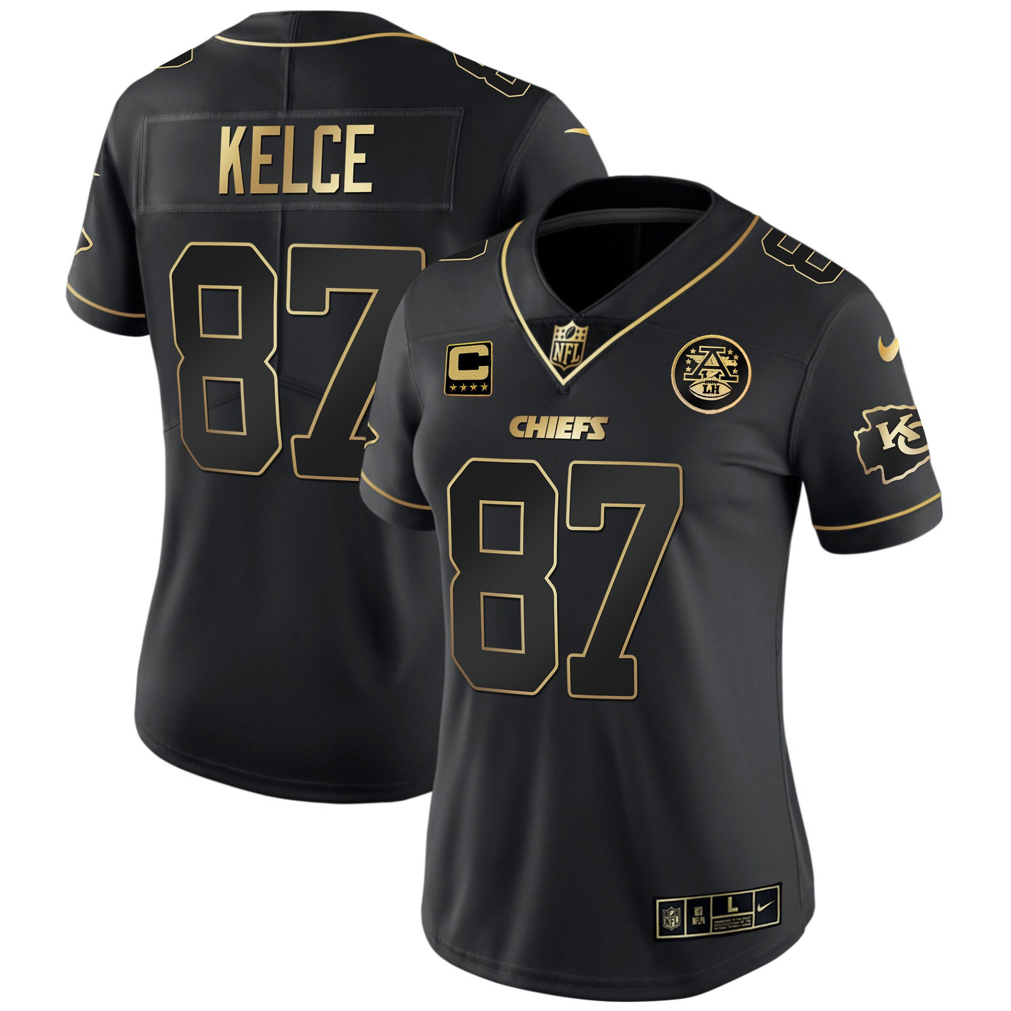 Travis Kelce Women's Kansas City Chiefs White Gold & Black Gold - All Stitched Black Gold Jersey - All Stitched