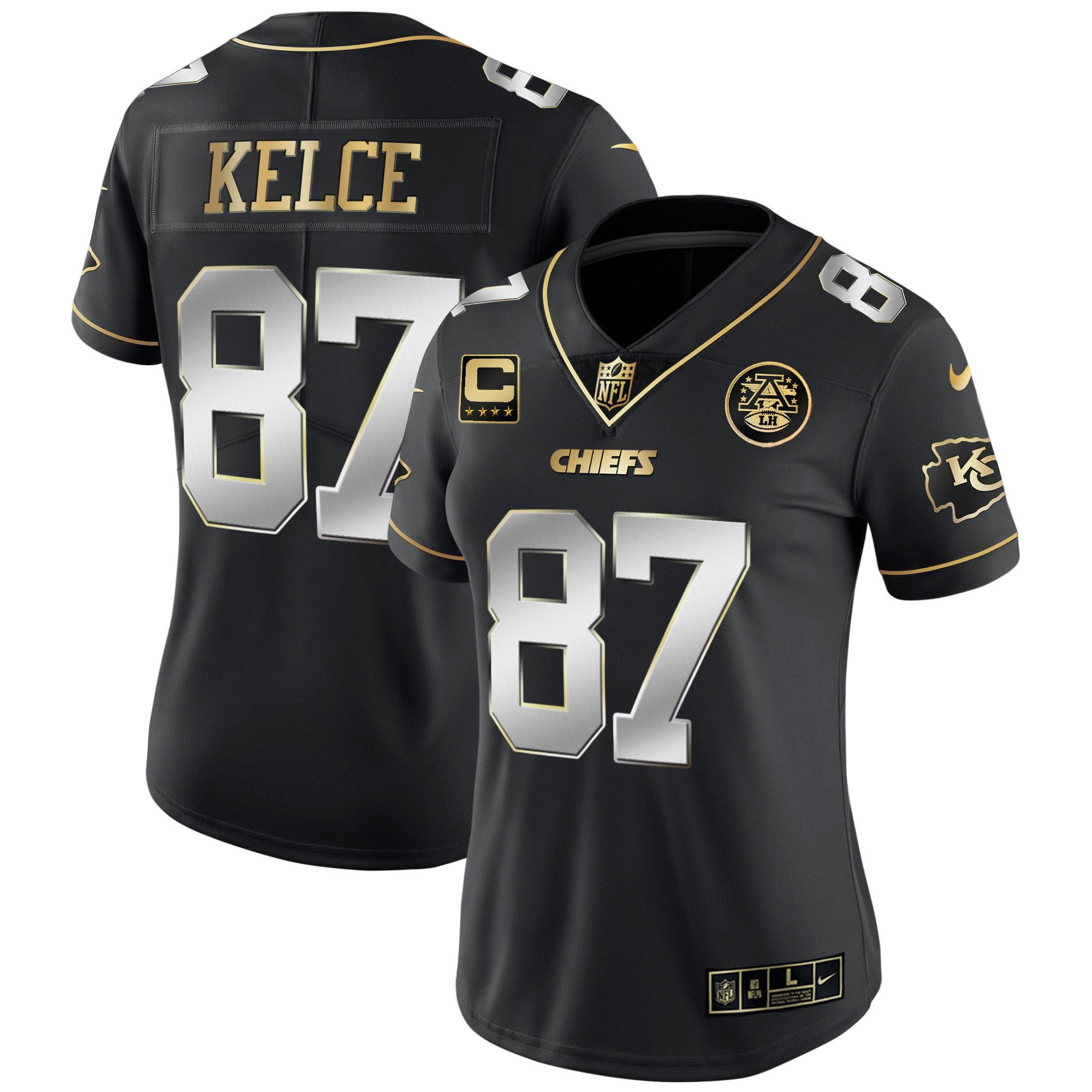 Travis Kelce Women's Kansas City Chiefs White Gold & Black Gold - All Stitched Black Limited Jersey - All Stitched