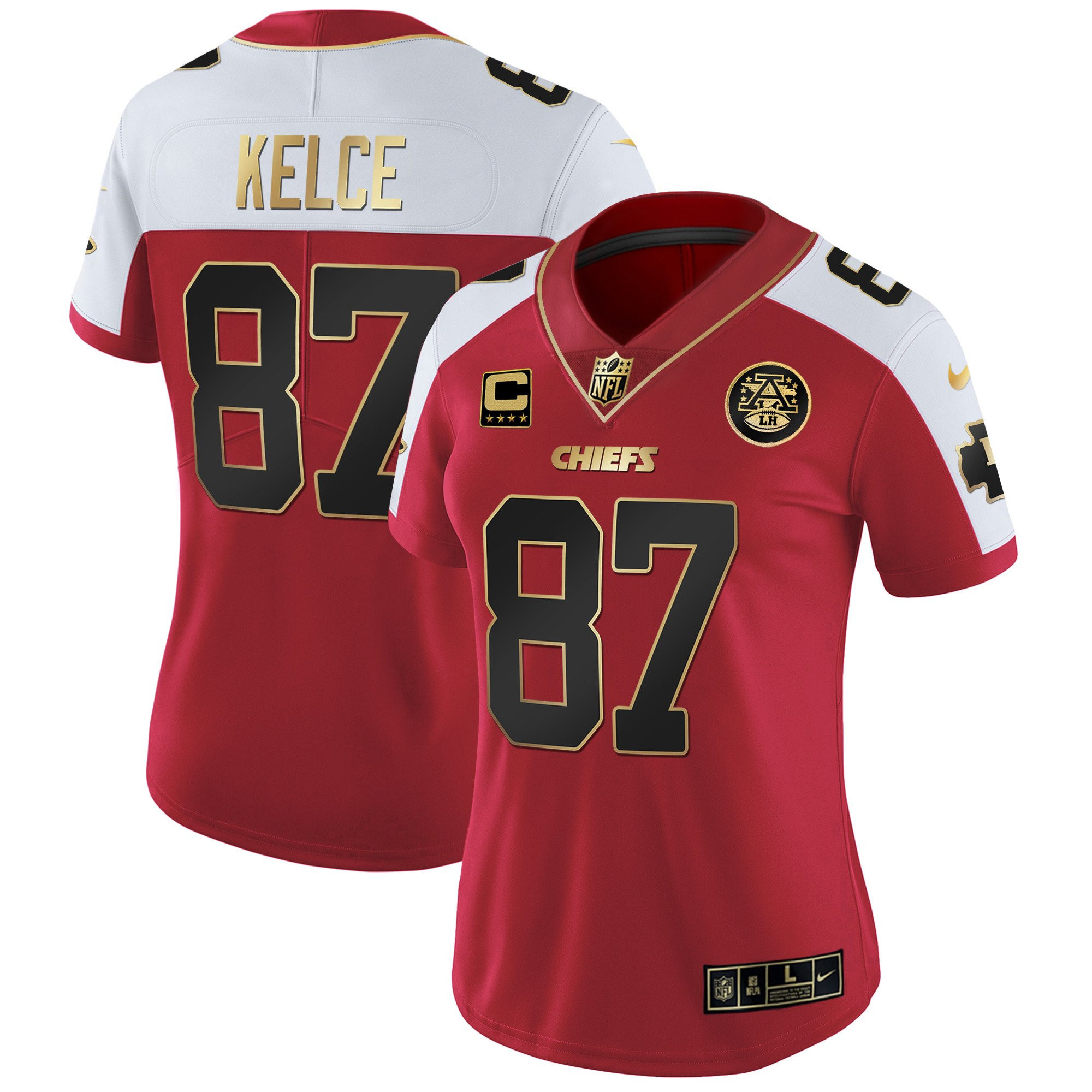 Travis Kelce Women's Kansas City Chiefs White Gold & Black Gold - All Stitched Red Alternate Jersey - All Stitched