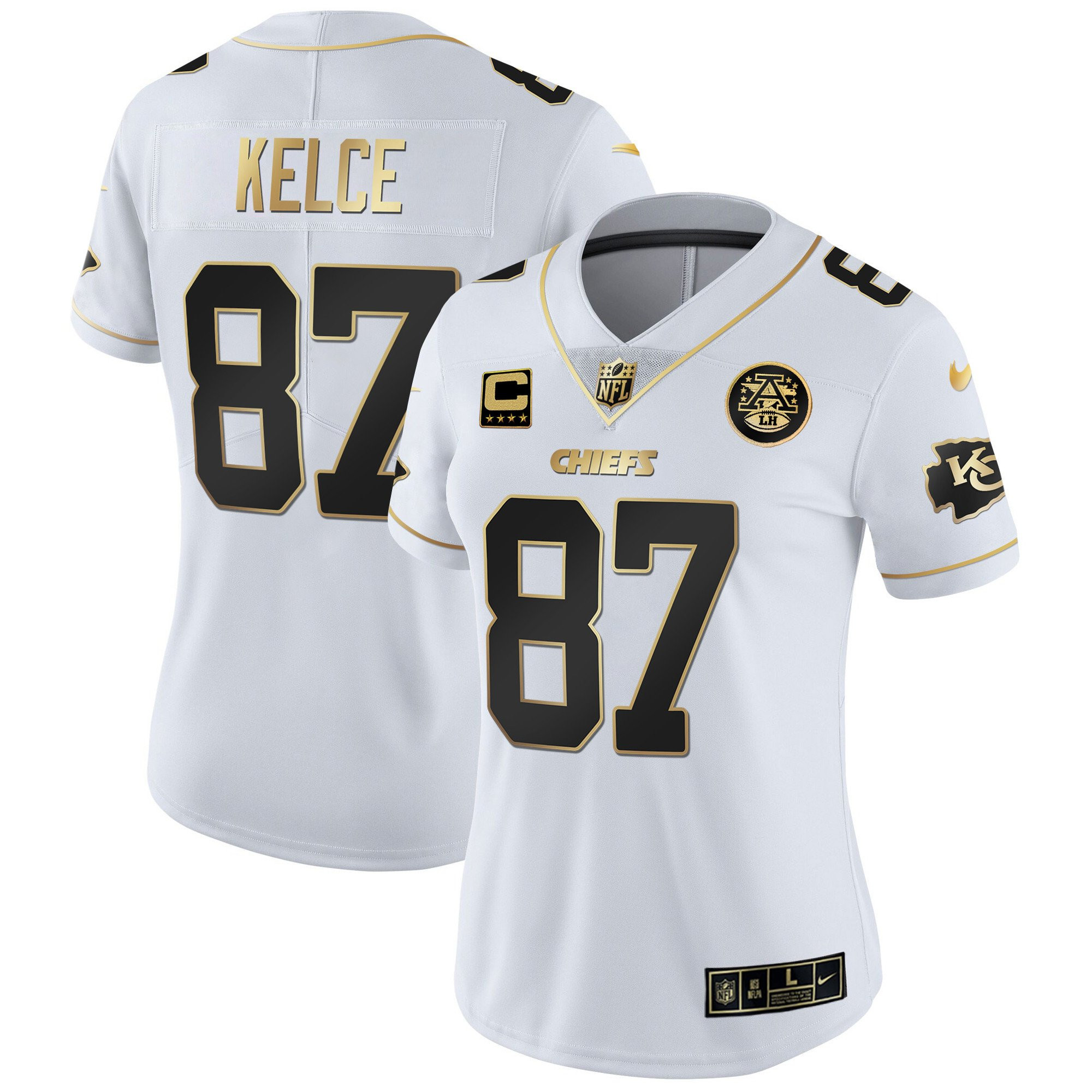 Travis Kelce Women's Kansas City Chiefs White Gold & Black Gold - All Stitched White Gold Jersey - All Stitched