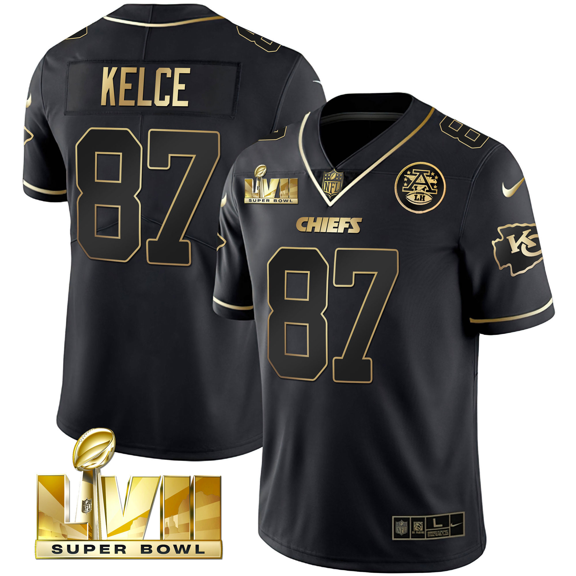 Travis Kelce Youth's Kansas City Chiefs Super Bowl Vapor Gold Black Gold Jersey - All Stitched