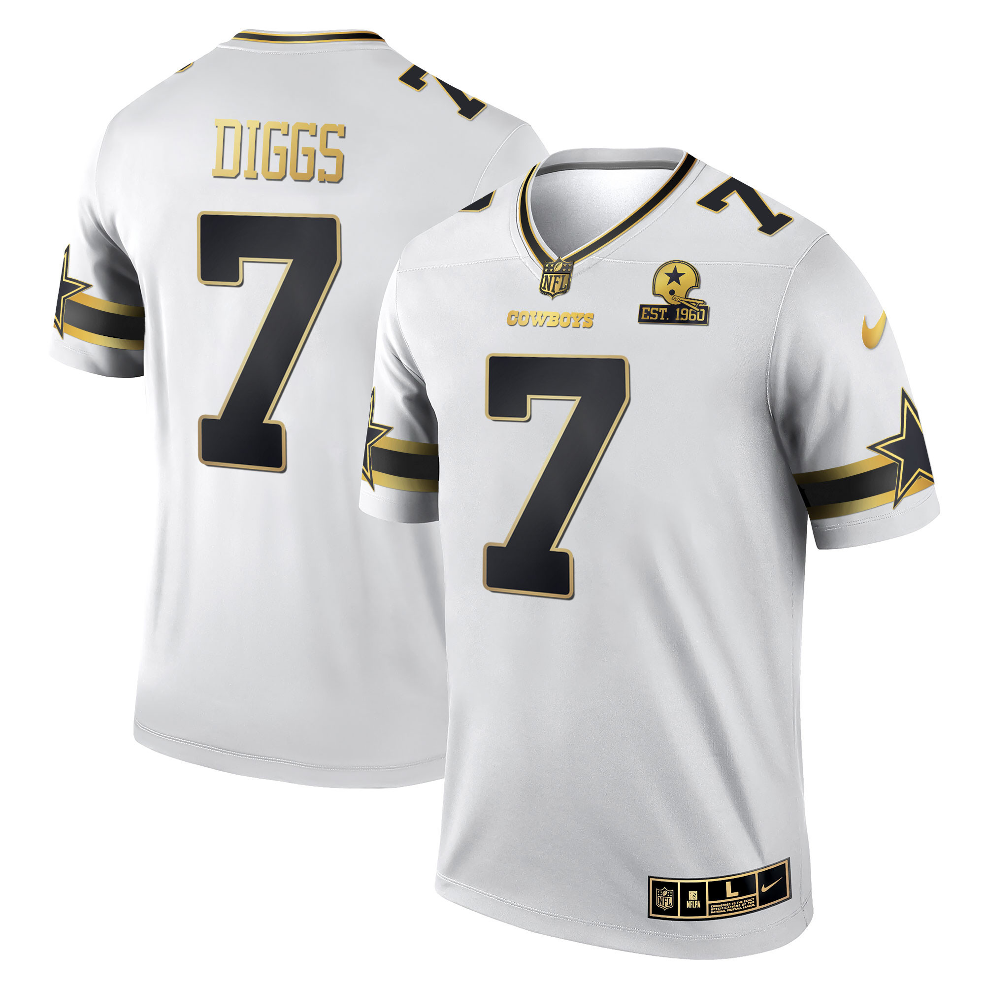 Trevon Diggs Men's Dallas Cowboys Black & White Gold Game Team Est 1960 Patch - All Stitched White Gold Jersey - All Stitched