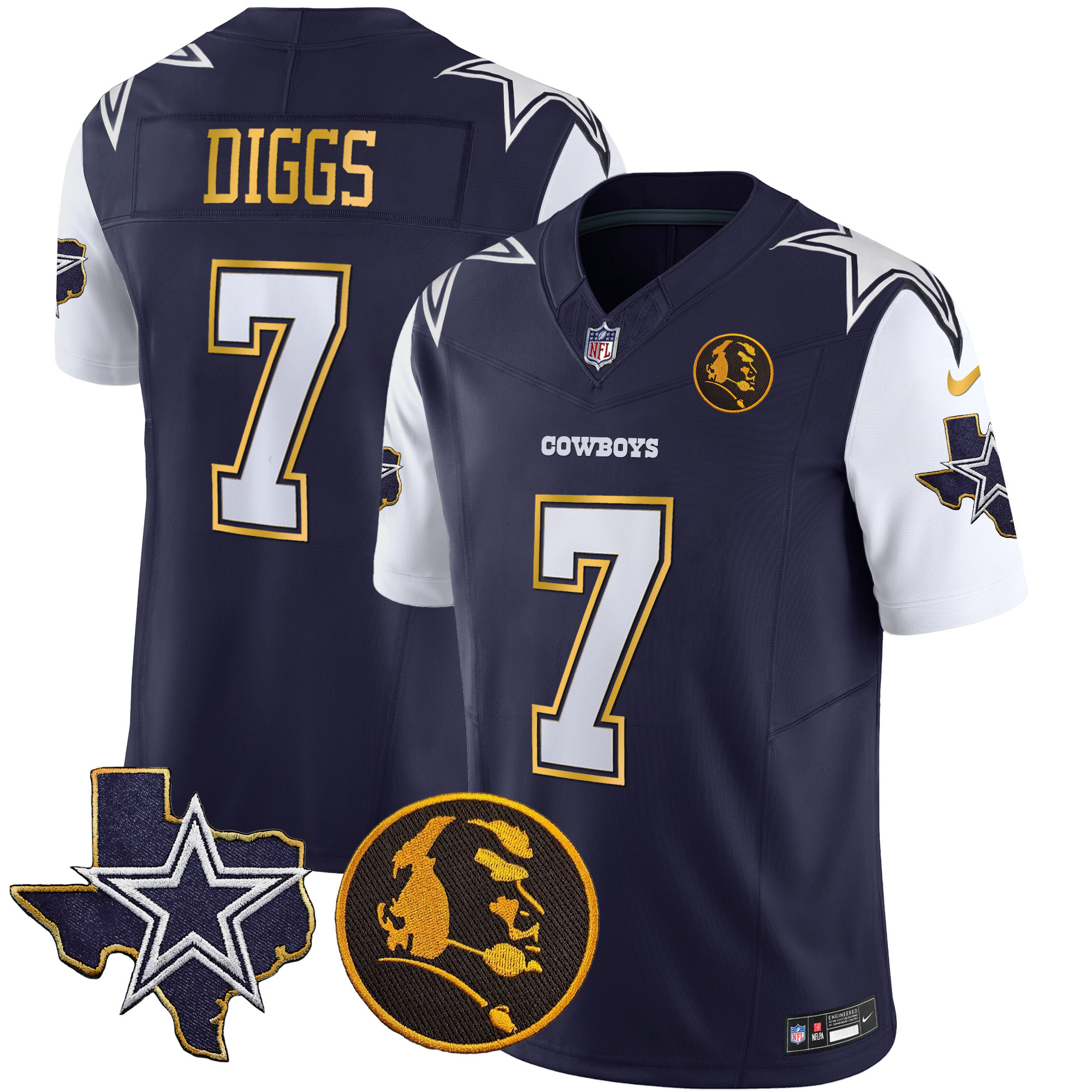Trevon Diggs Men's Dallas Cowboys Texas & John Madden Patch Gold Trim Vapor Navy Jersey - All Stitched