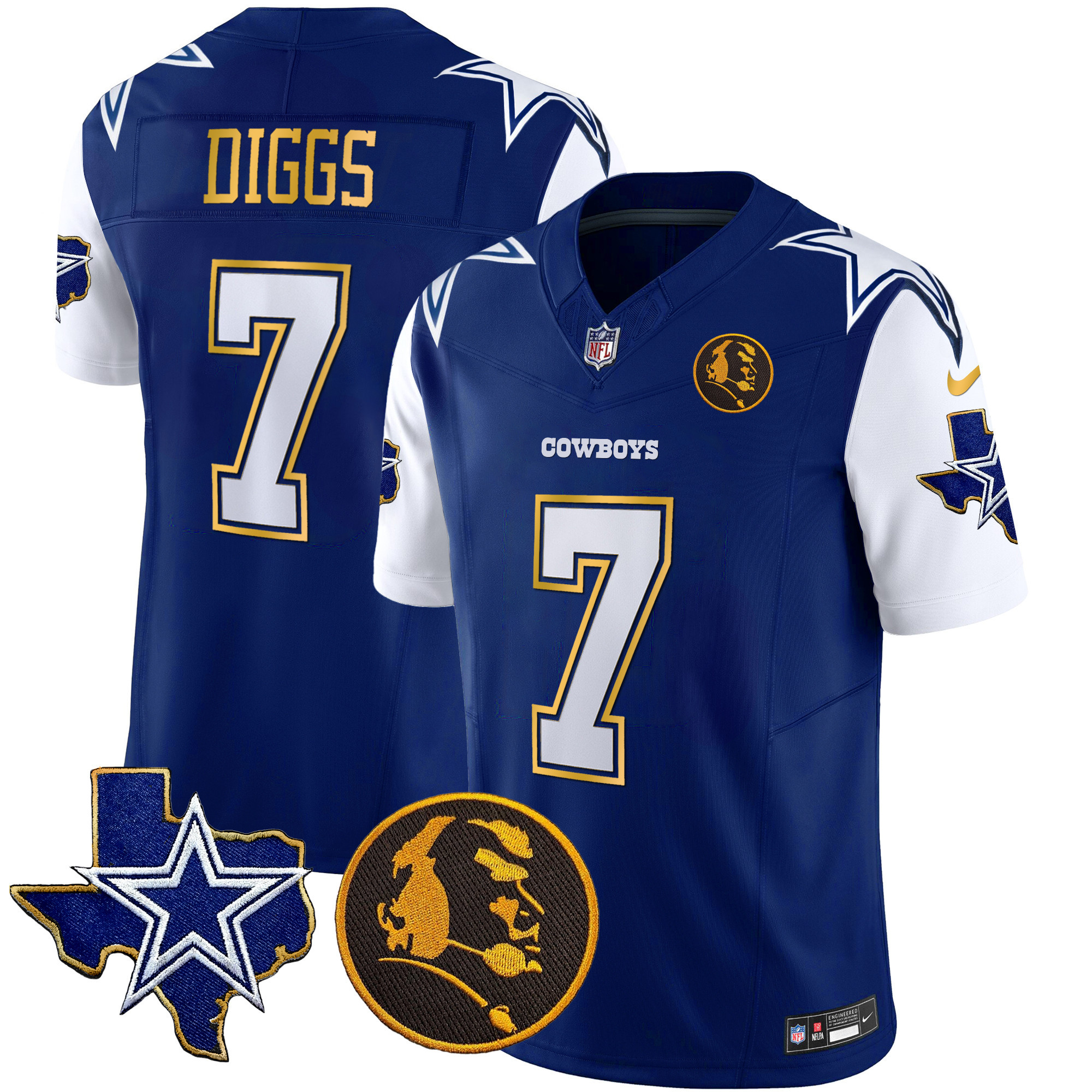Trevon Diggs Men's Dallas Cowboys Texas & John Madden Patch Gold Trim Vapor Royal Jersey - All Stitched