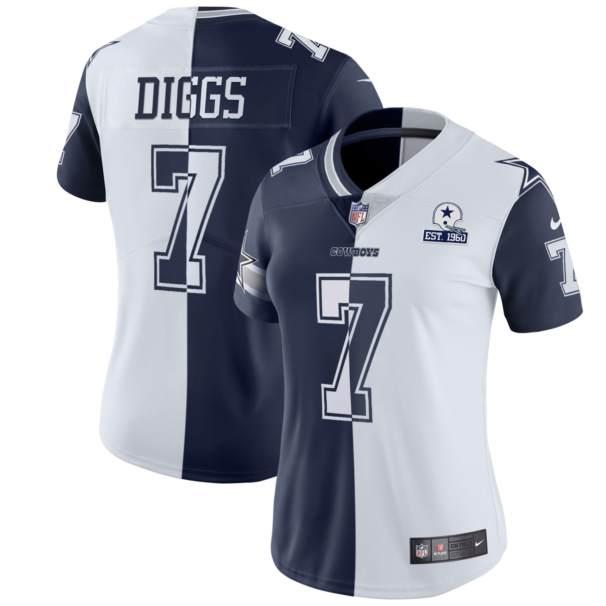 Trevon Diggs Women's Dallas Cowboys Split White Navy Est 1960 Patch - All Stitched Split Jersey - All Stitched