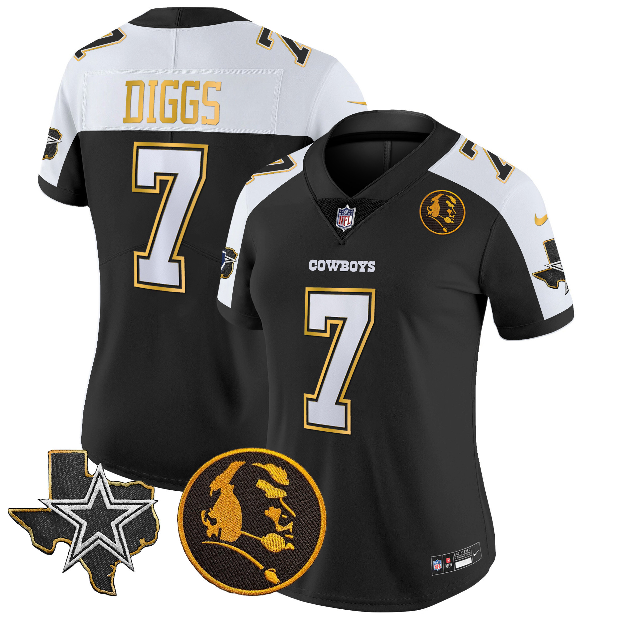 Trevon Diggs Women's Dallas Cowboys Texas & John Madden Patch Gold Trim Vapor Black Alternate Jersey - All Stitched