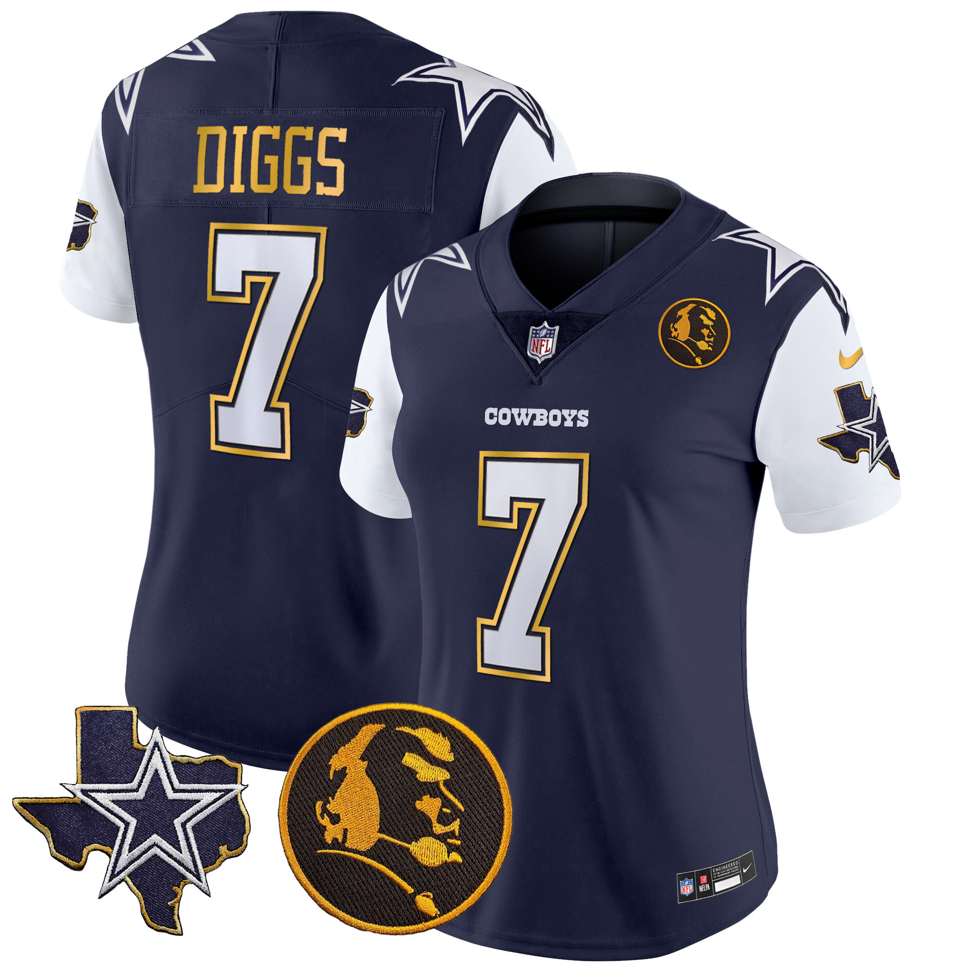 Trevon Diggs Women's Dallas Cowboys Texas & John Madden Patch Gold Trim Vapor Navy Jersey - All Stitched